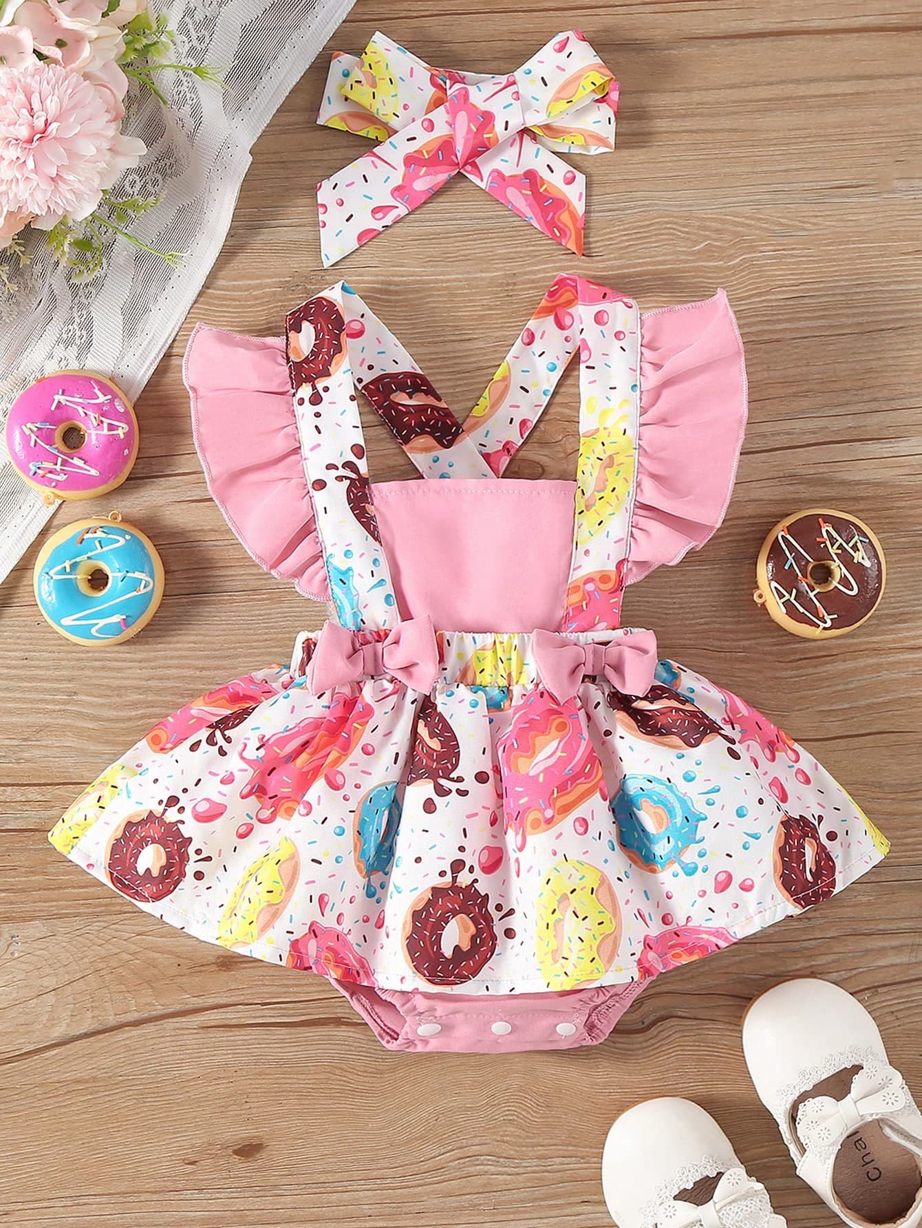 Baby Girl Cartoon Donut Printed Overalls Bodysuit