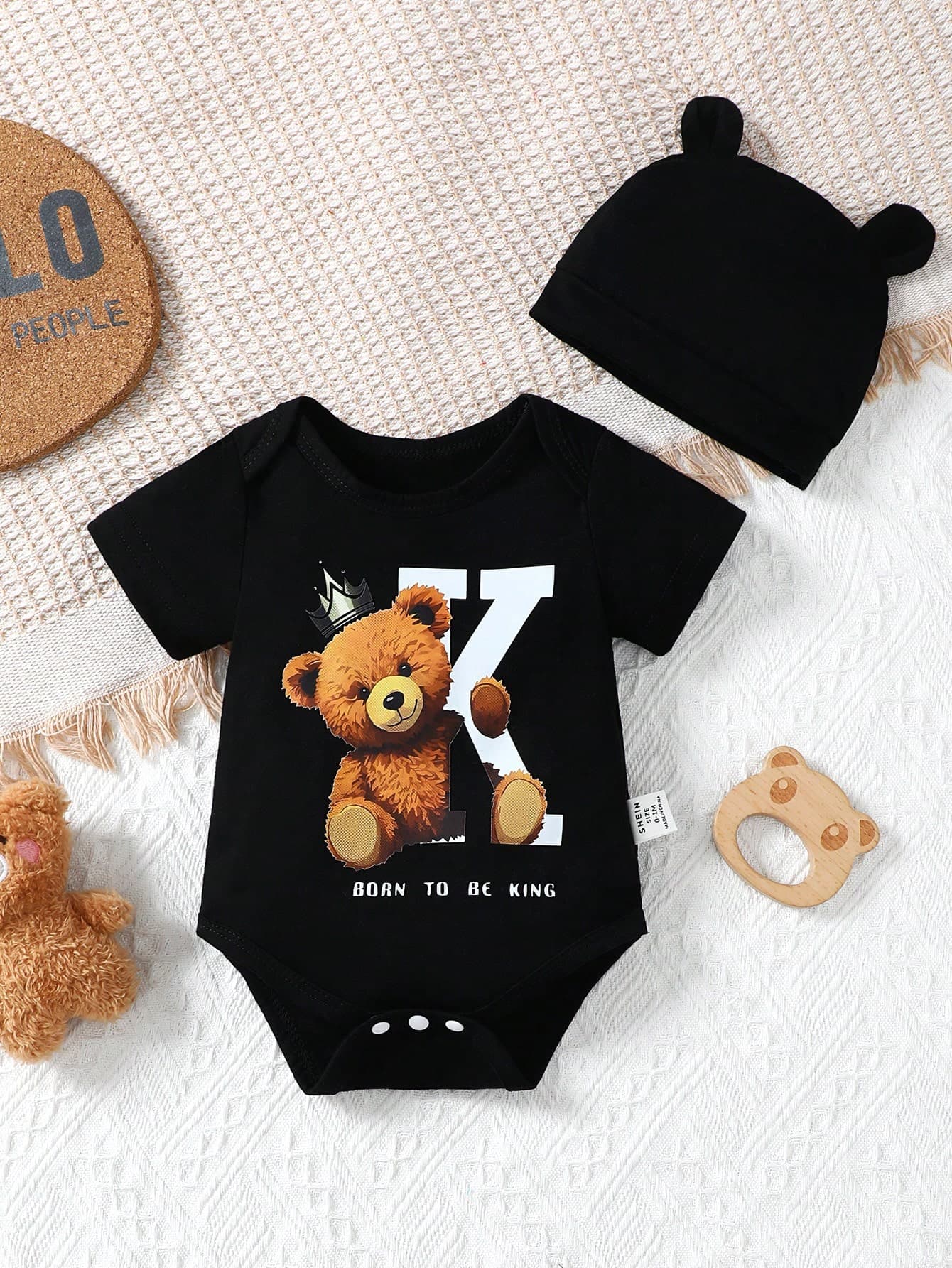 SHEIN Newborn Baby Boy Cute Bear Printed Bodysuit With Hat