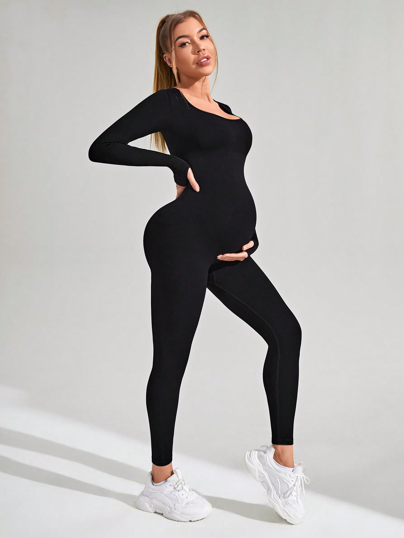SHEIN Maternity Thumb Hole Ribbed Jumpsuit With Long Sleeve Fall