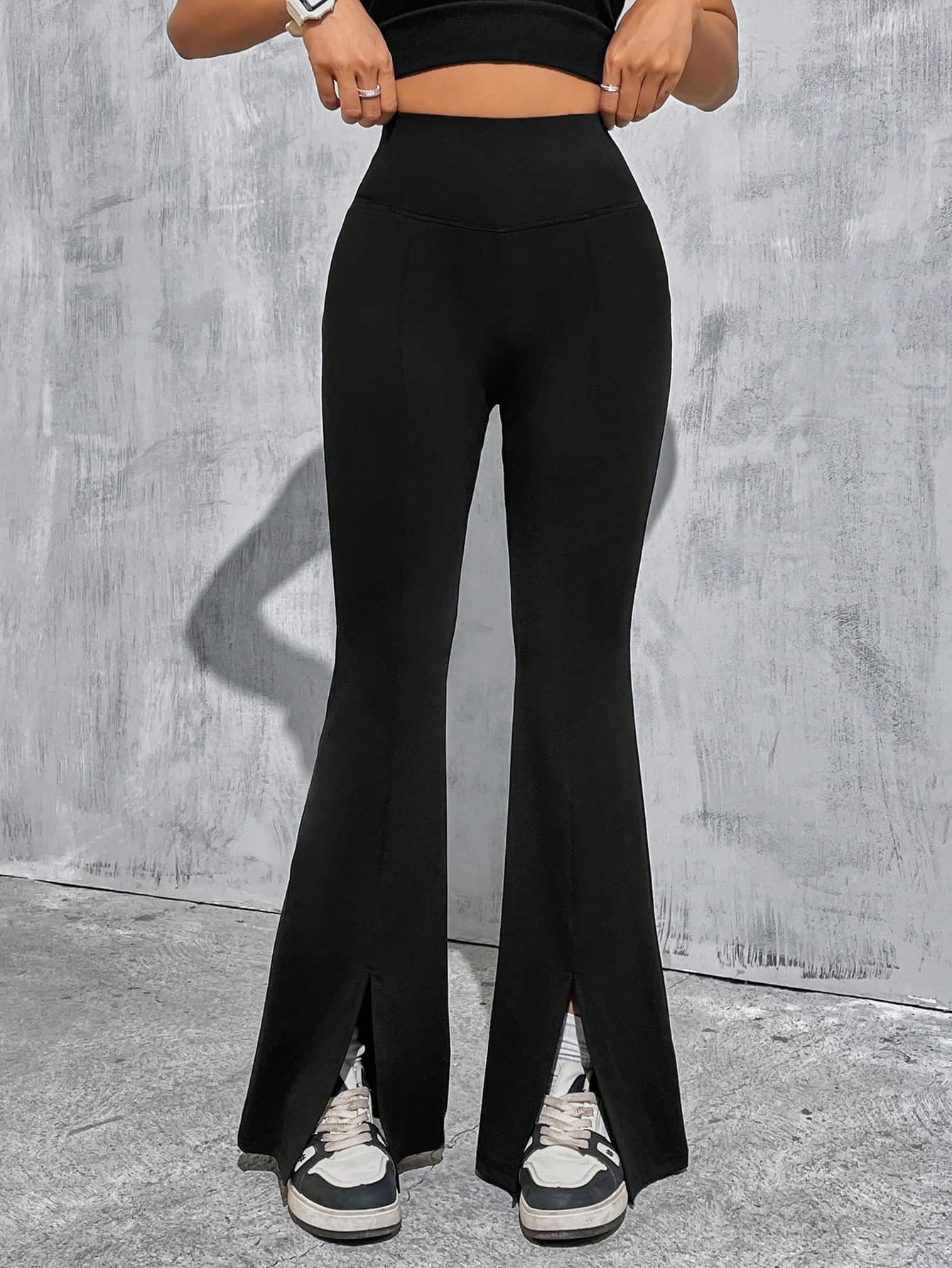 SHEIN EZwear Black Knit Split Hem Flared Pants For Women