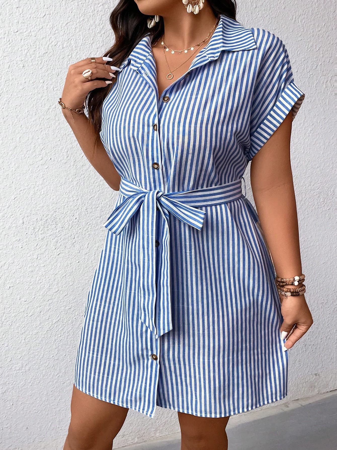 Elenzga Plus Size Striped Short Sleeve Dress With Ribbon Detailing For Summer