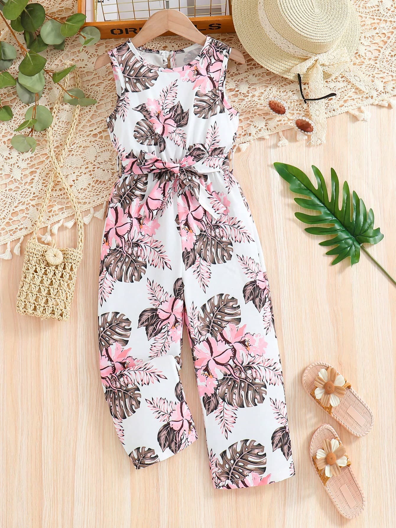 SHEIN Young Girl Tropical Printed Waist-Tied Jumpsuit With Vest Top