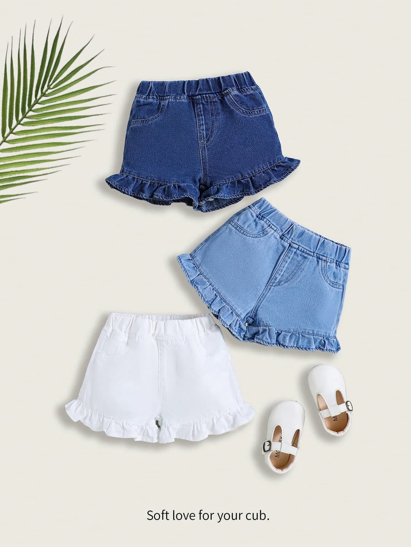 Cozy Pixies 3pcs/Set Baby Girls' Spring & Summer Boho Casual Ruffle Trim Elastic Waist Soft Denim Shorts In Multiple Colors,Baby Summer Clothes Cute Shorts