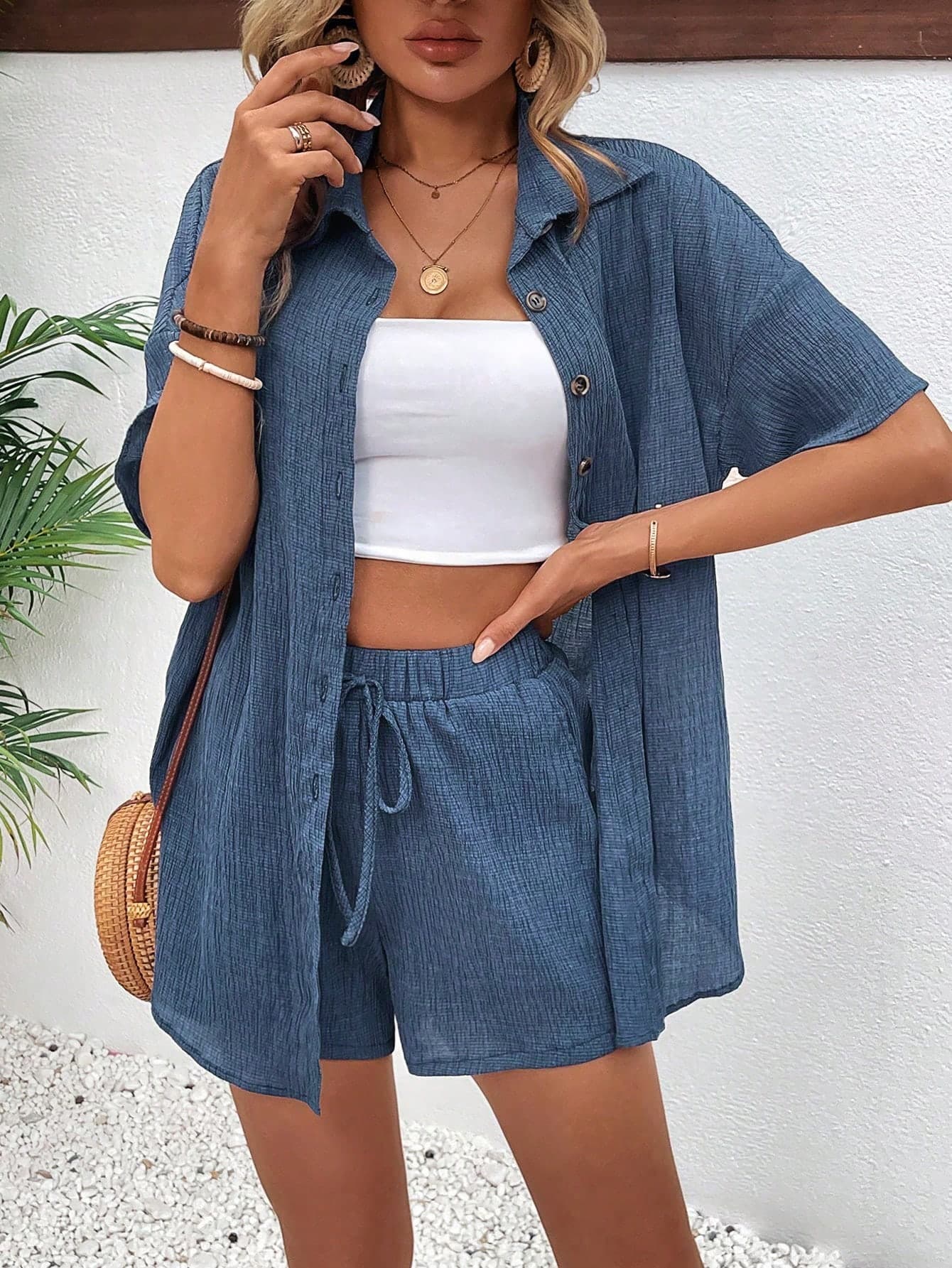 SHEIN Holidaya Women\ Cardigan Collared Button-Up Shirt And Tie Knot Shorts 2-Piece Set Short Sets Summer