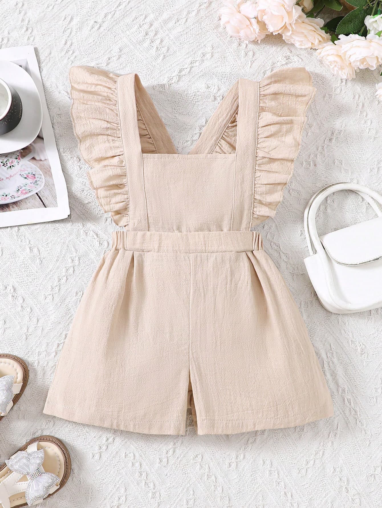 SHEIN Young Girl's Ruffled Square Collar Linen Jumpsuit, Summer