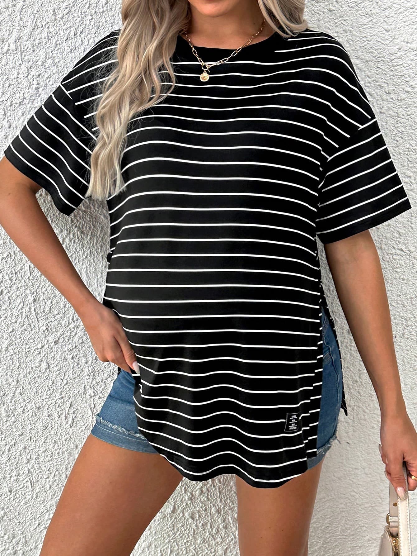 SHEIN Maternity Striped Round Neck Casual Loose T-Shirt With Two Side Slits For Summer World Cup