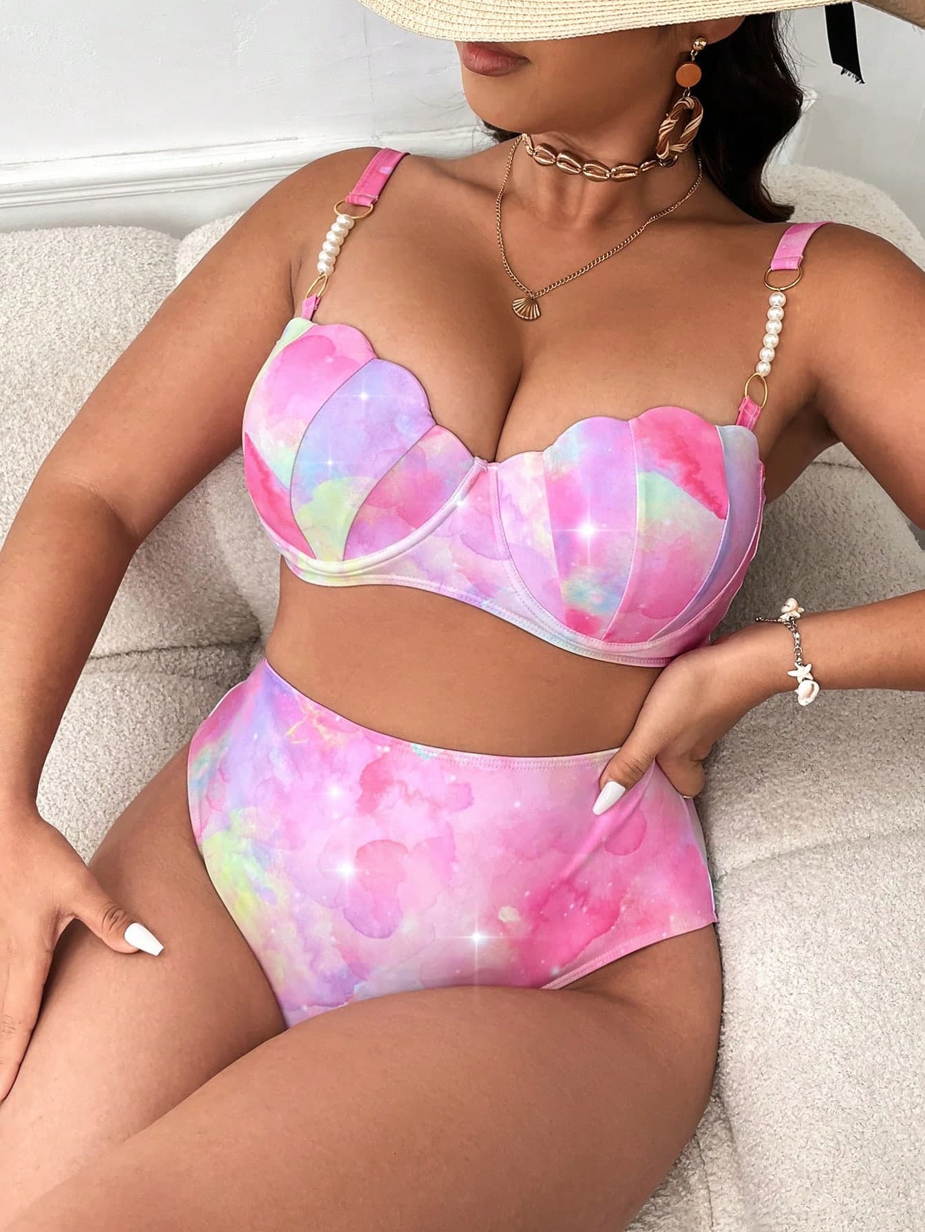 Slaydiva Summer Beach Plus Size Tie Back Spaghetti Strap Sweet Bra & Bikini Bottom Bikini Set Two-Piece Bathing Suit In Multiple Colors