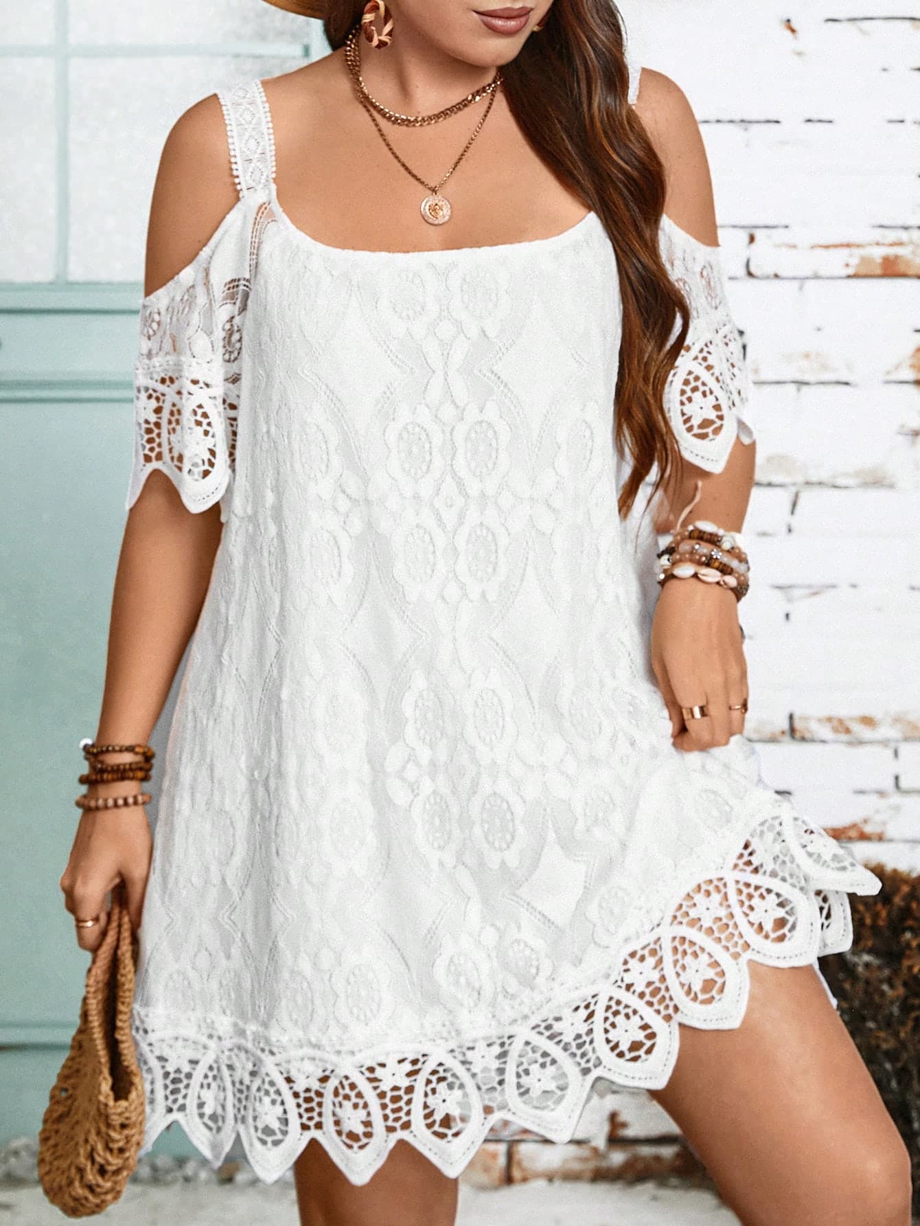 SHEIN Clasi Plus Size Ladies' Open Shoulder Lace Decorated Solid Color Bodycon Dress
