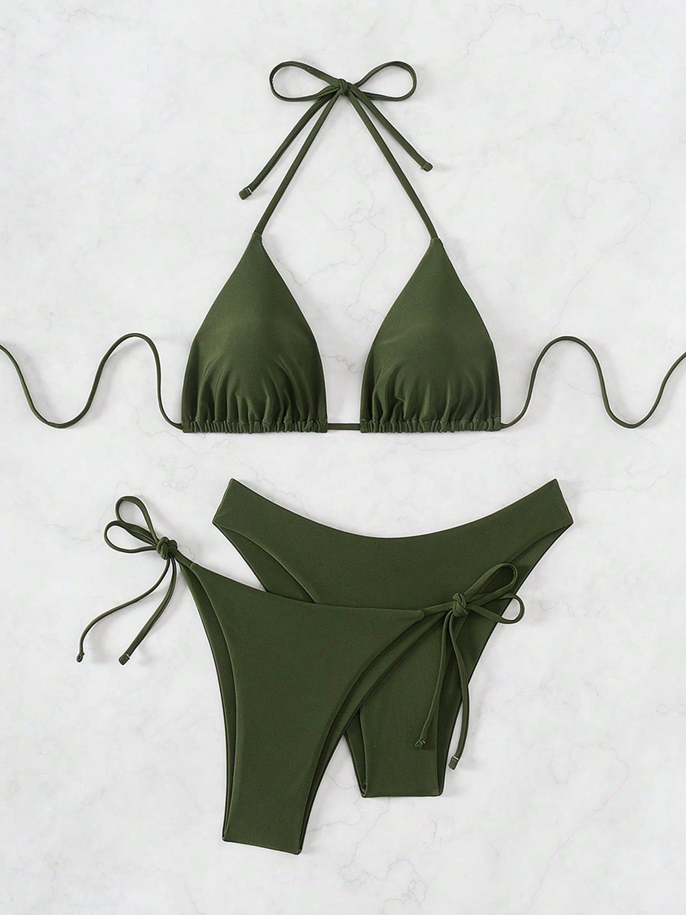 Swim Basics V-Neck Halter Tie Bikini Set, String Beach Outfit Bathing Suit Summer,Summer Beach