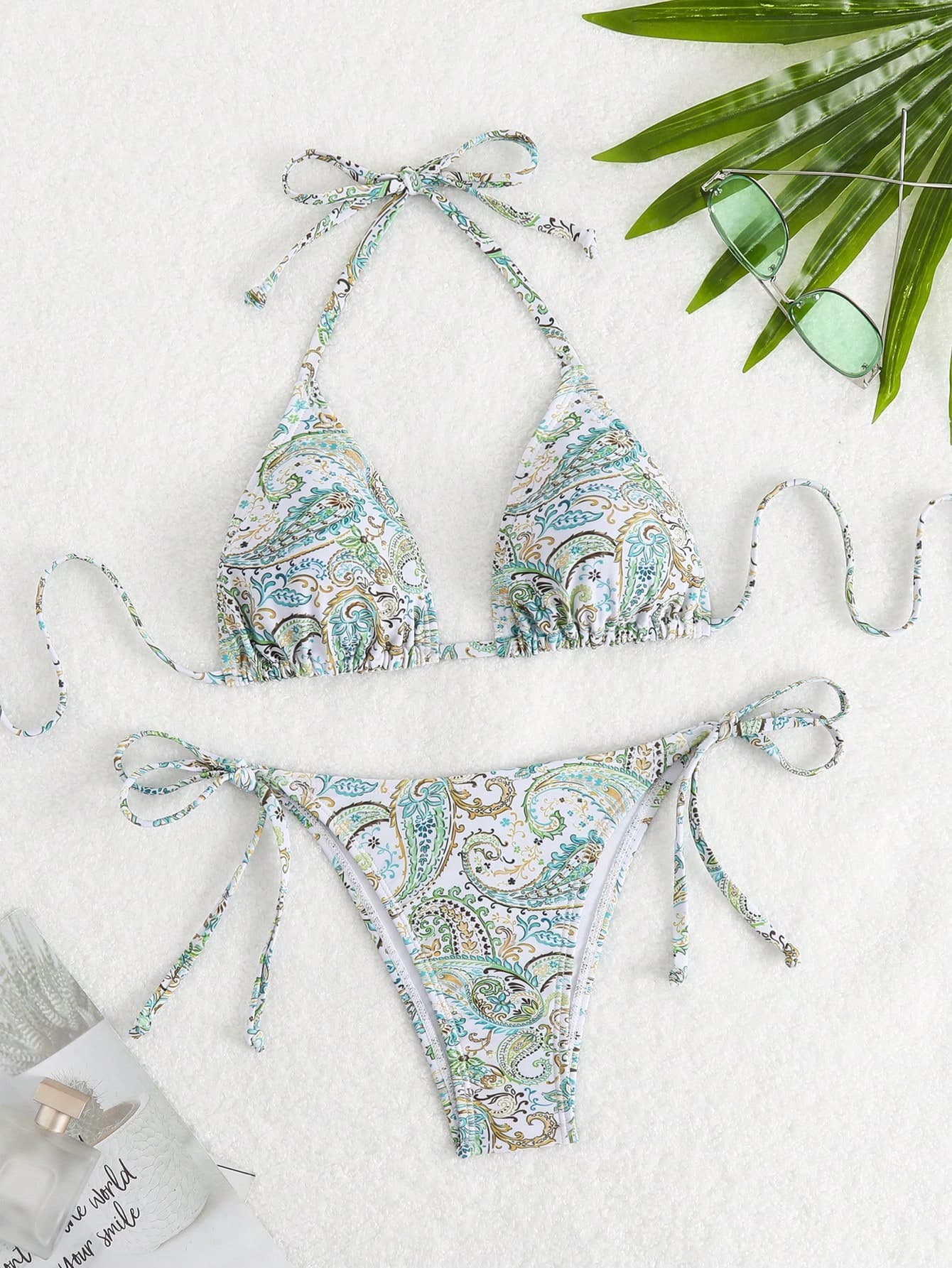 Swim Mod Backless Strap Halter Neck Separated Bikini Set With Random Print, Summer Beach
