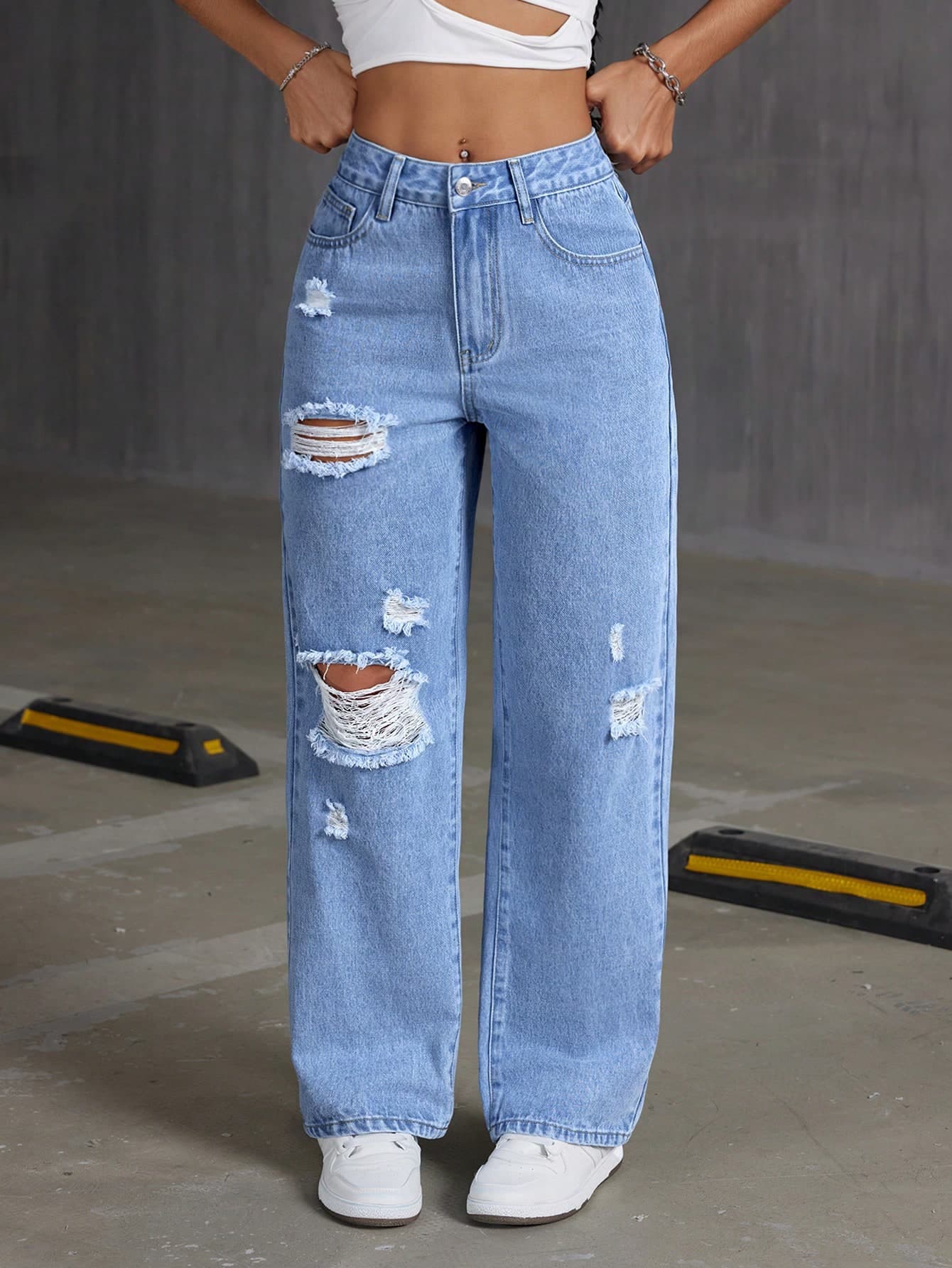 Holes Ripped Casual Water Wash Straight Jeans