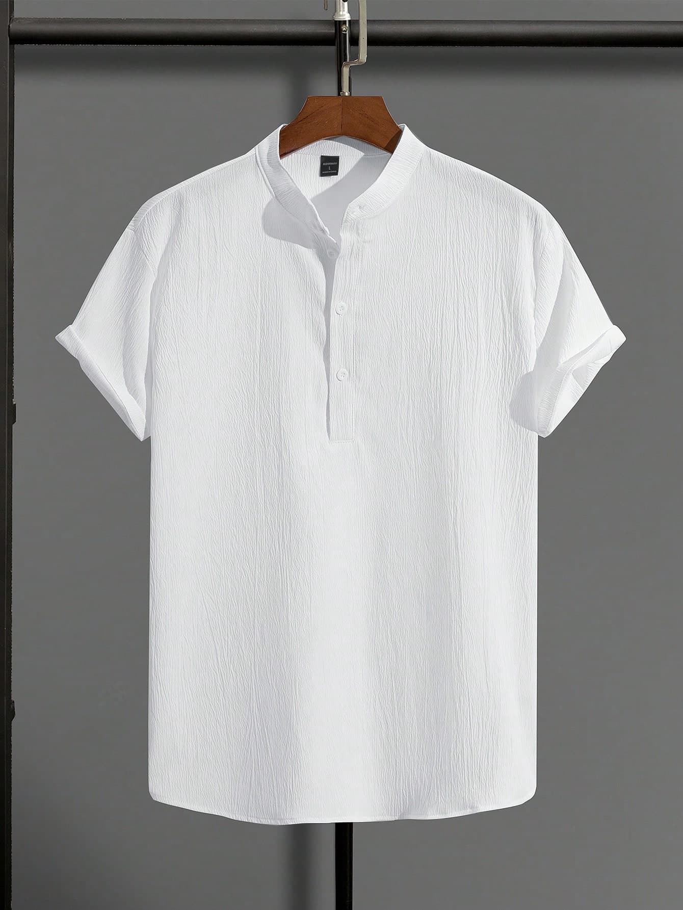 Manfinity Homme Men's Half Button Short Sleeve Shirt, Slim Fit Up Plain All White Casual, Formal
