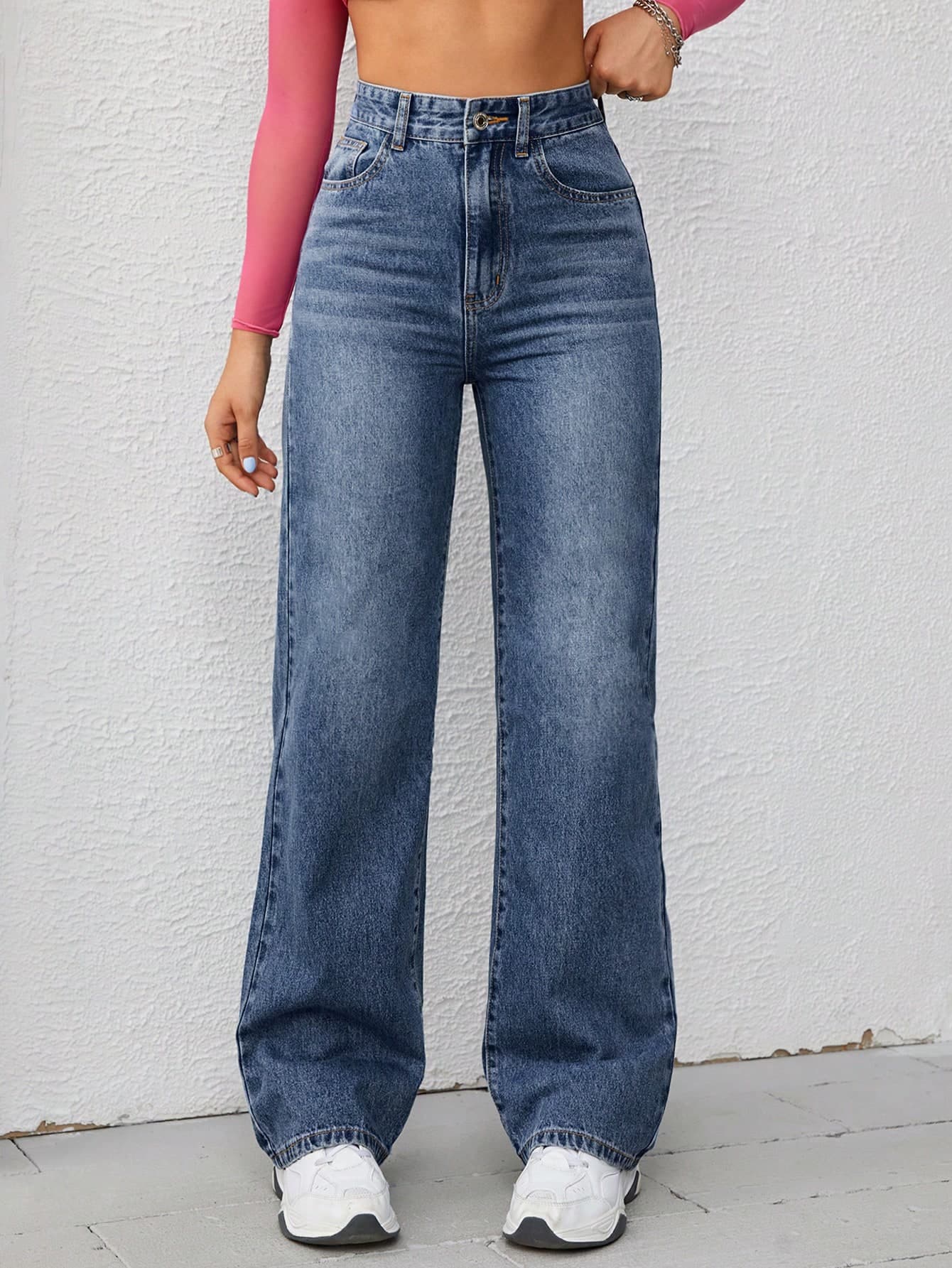 SHEIN Unity Women Fashionable High Waist Simple Design Straight Wide-Leg Denim Jeans