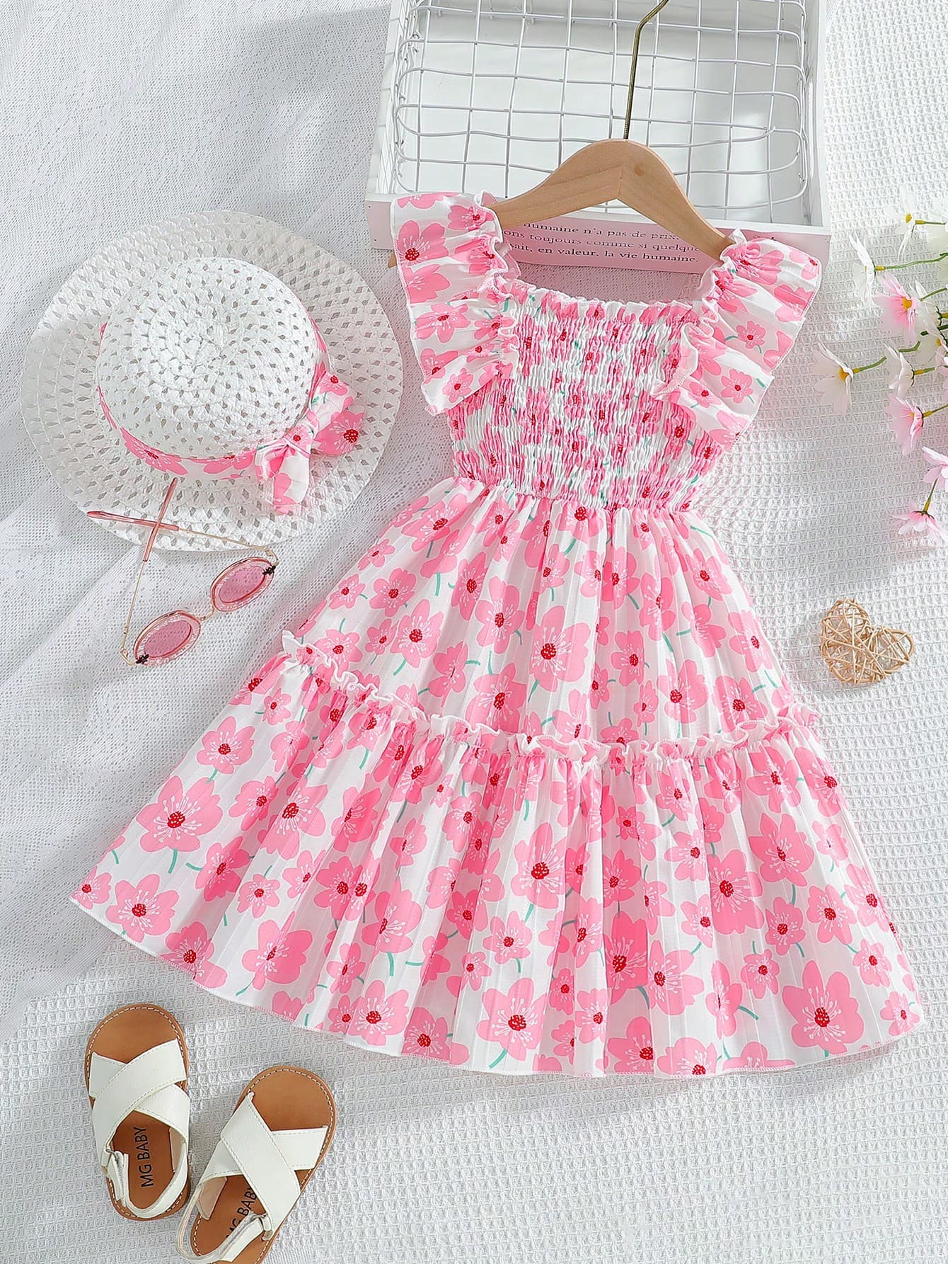 Elladie kids Young Girls' Mexican Children's Day Ditsy Floral Form-Fitting Midi Dress, Summer Summer Holiday