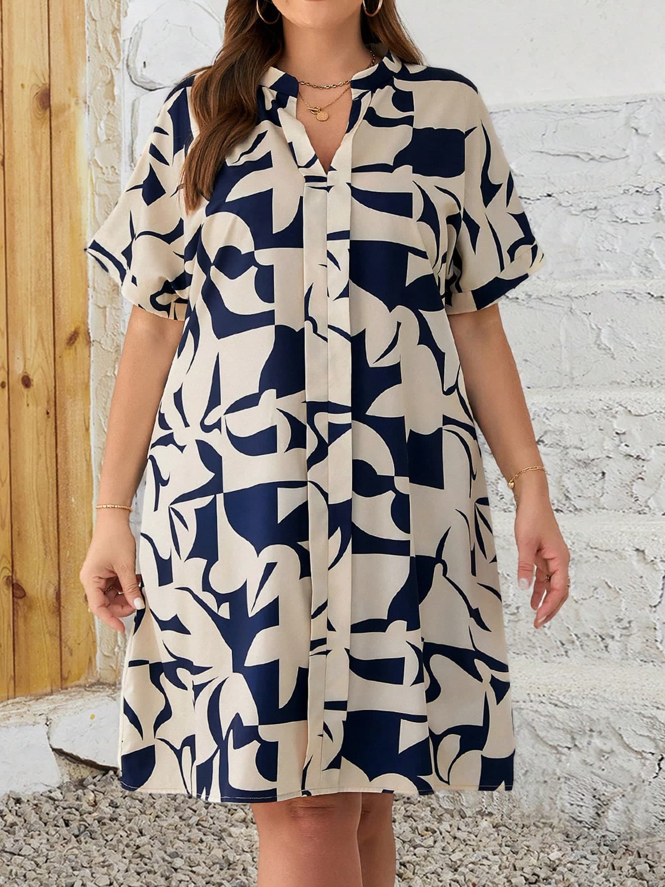 EMERY ROSE Summer Geometric Pattern Plus Size Dress,Spring/Vacation Casual