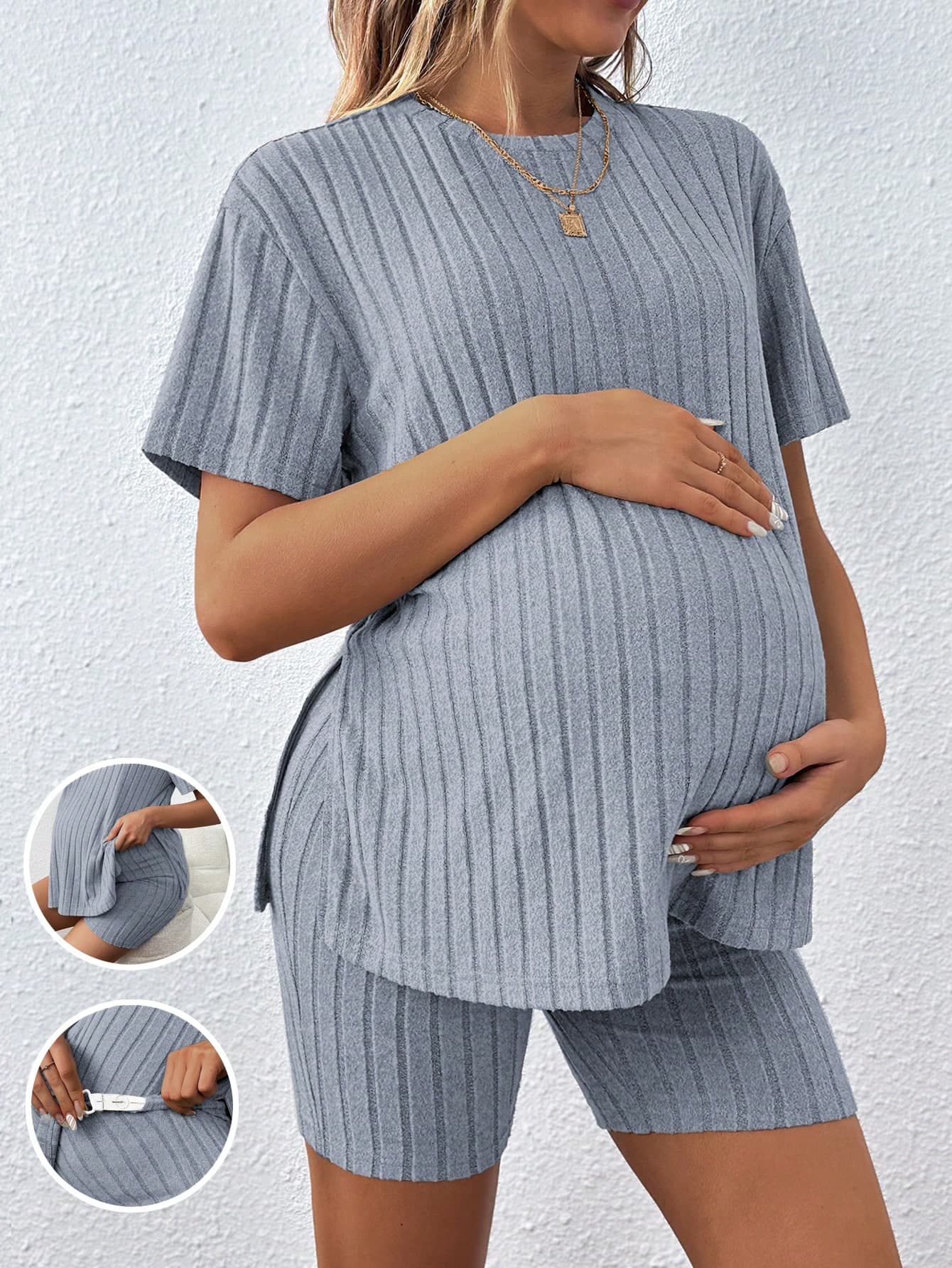 SHEIN Women's Casual Loose Fit Round Neck T-Shirt With Adjustable Elastic Waist Shorts, Maternity Outfit World Cup
