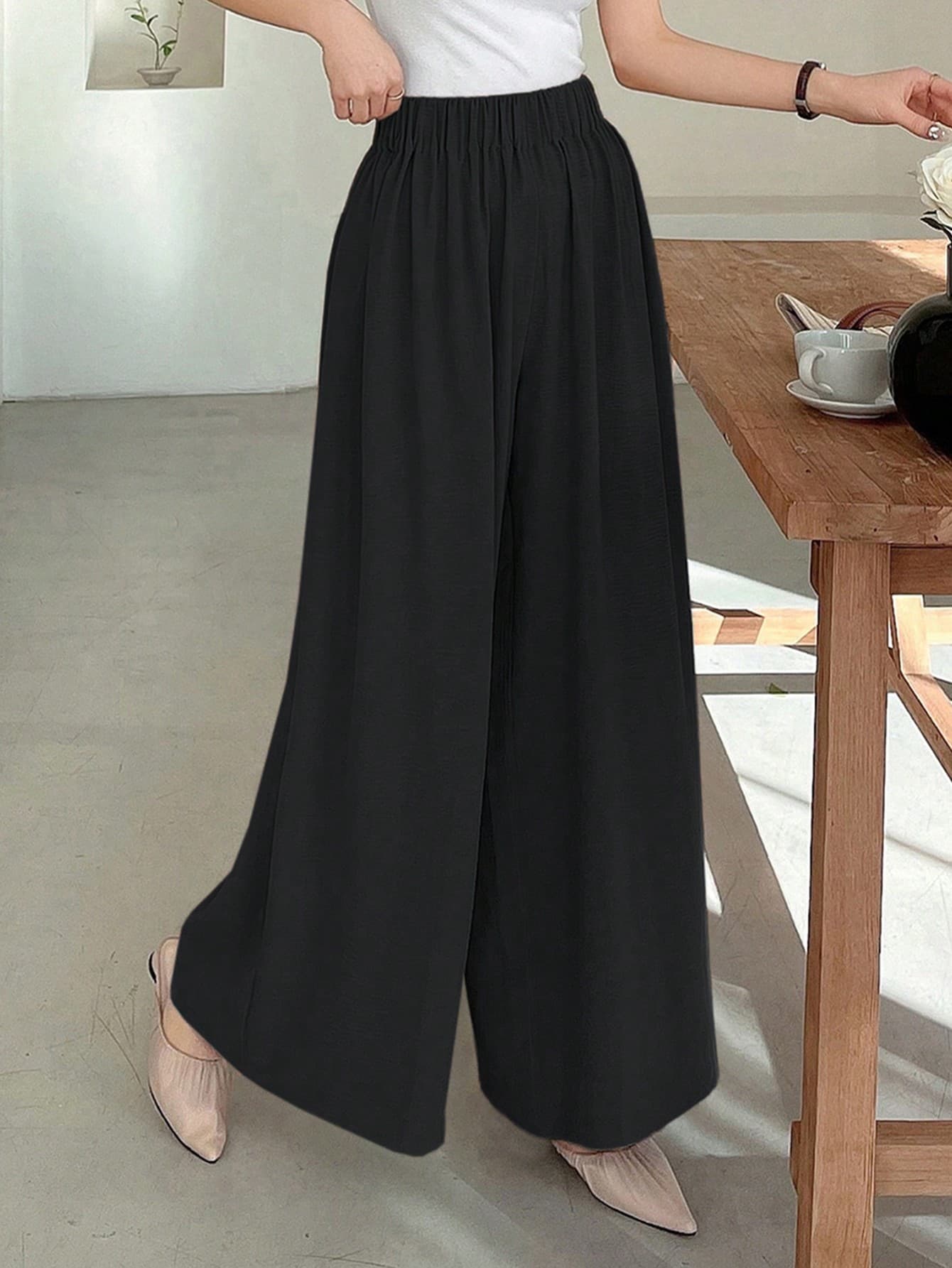 DAZY Ladies Relaxed Wide Leg Pants With Textured Elastic Waistband, Long Length,Fall Clothes