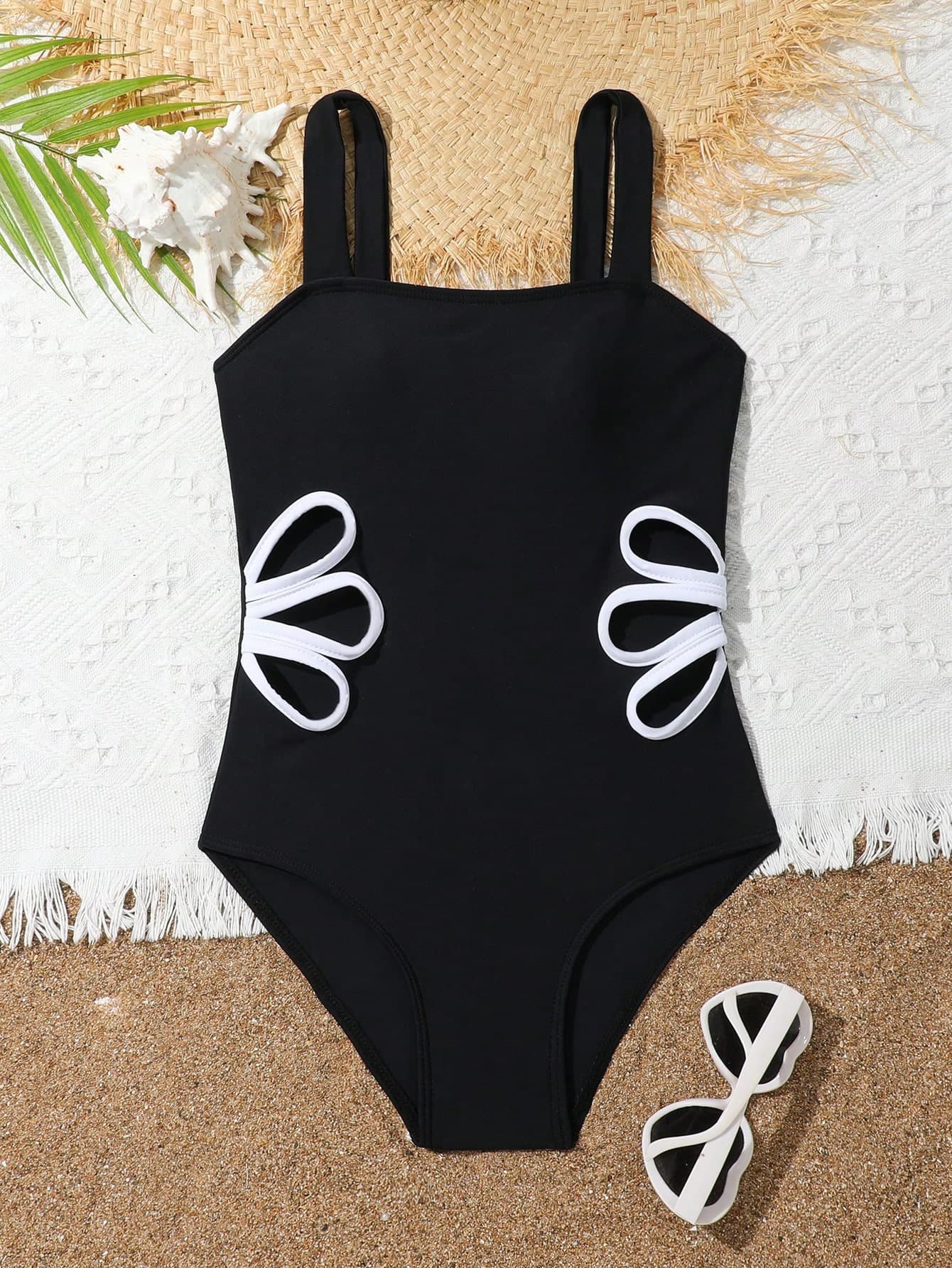 SHEIN Tween Girl Colorblock Hollow Out One Piece Swimsuit For Beach Vacation Summer Holiday
