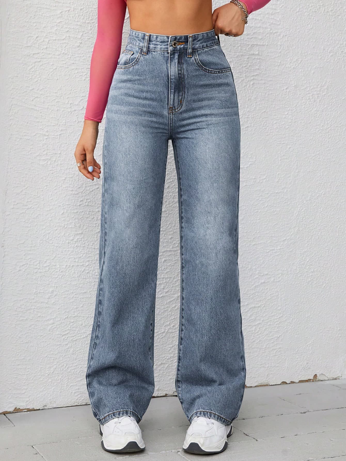 Jeanoix Women Simple Daily Solid Color Button Decoration Jeans