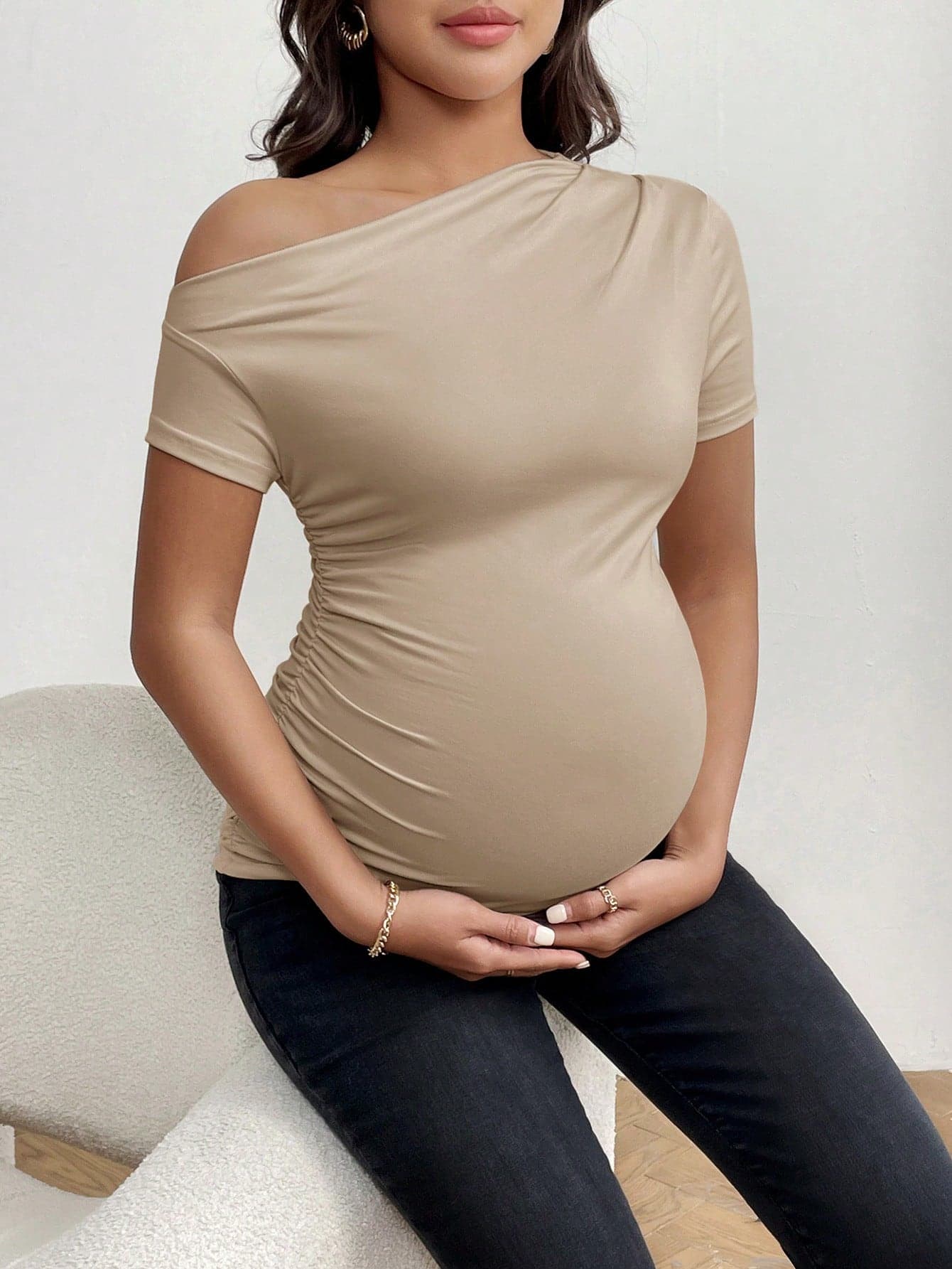 GentleRue Maternity Maternity Casual Solid Color Asymmetric Neck Gathered Slim Fit T-Shirt