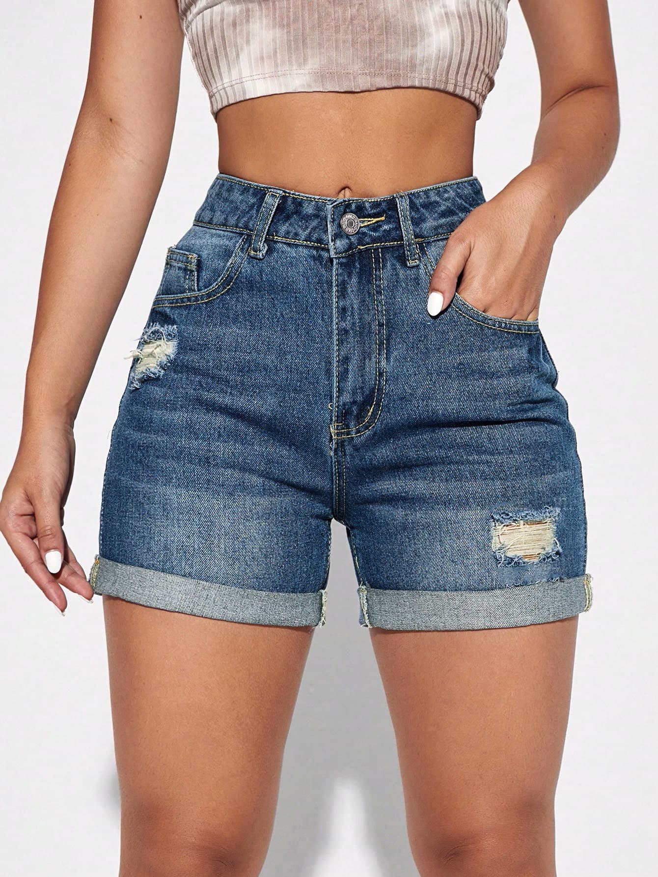 SHEIN Essnce Women's Fashionable High Waisted Slim Fit Denim Shorts With Distressed Design