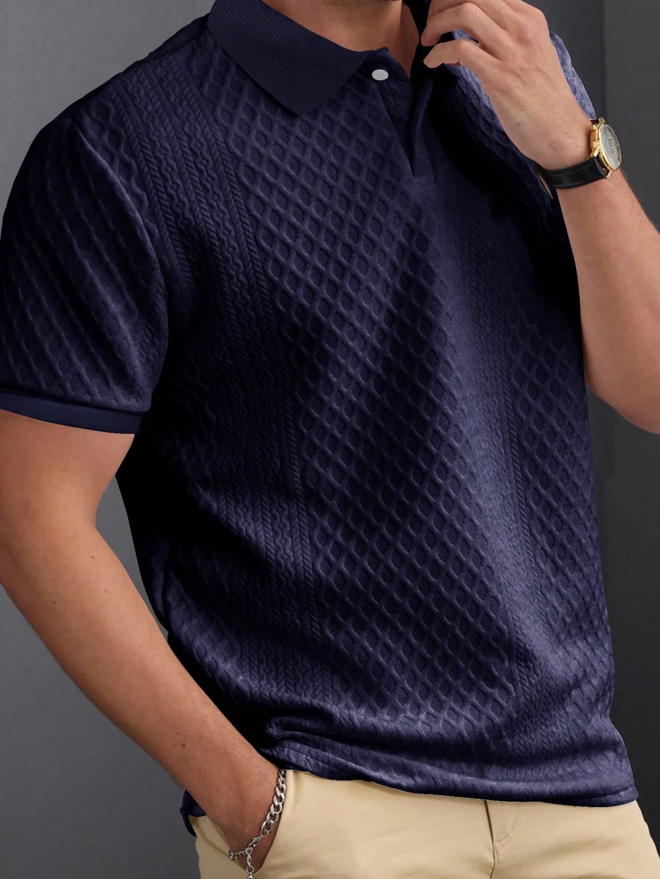 Manfinity CasualCool Men's Navy Business Casual Geometric Texture Jacquard Knit Polo Shirt,Short-Sleeve Button Placket Work Summer Top,Daily Hawaiian Beach Gift For Him, Formal