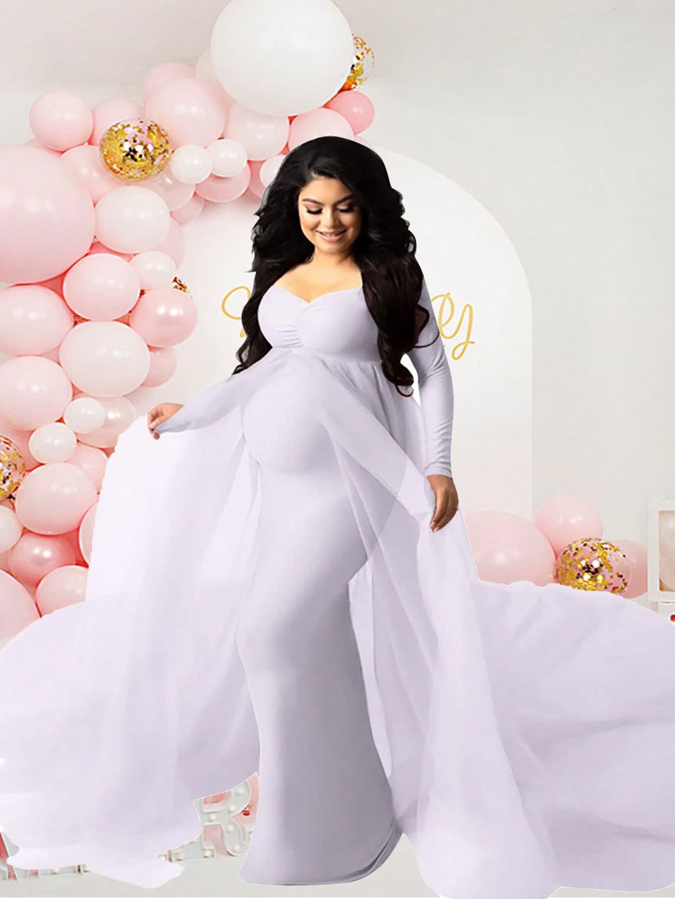 JustVH Maternity Long Sleeve Floor-Length Mesh Dress, Suitable For Baby Photoshoot And Baby Shower Spring White