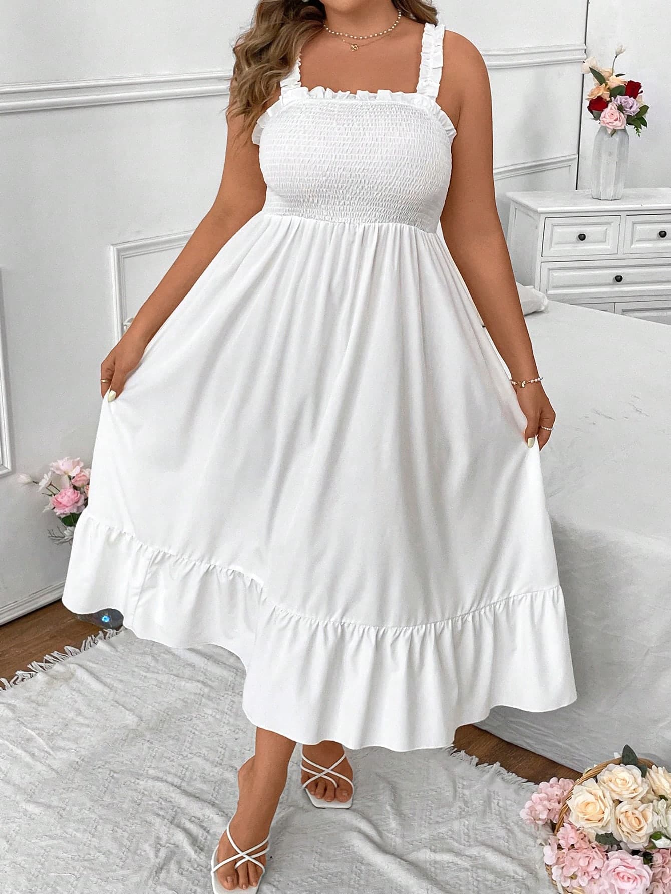 SHEIN Clasi Plus Size Boho Summer Casual Solid Color Cami Dress Women Outfit