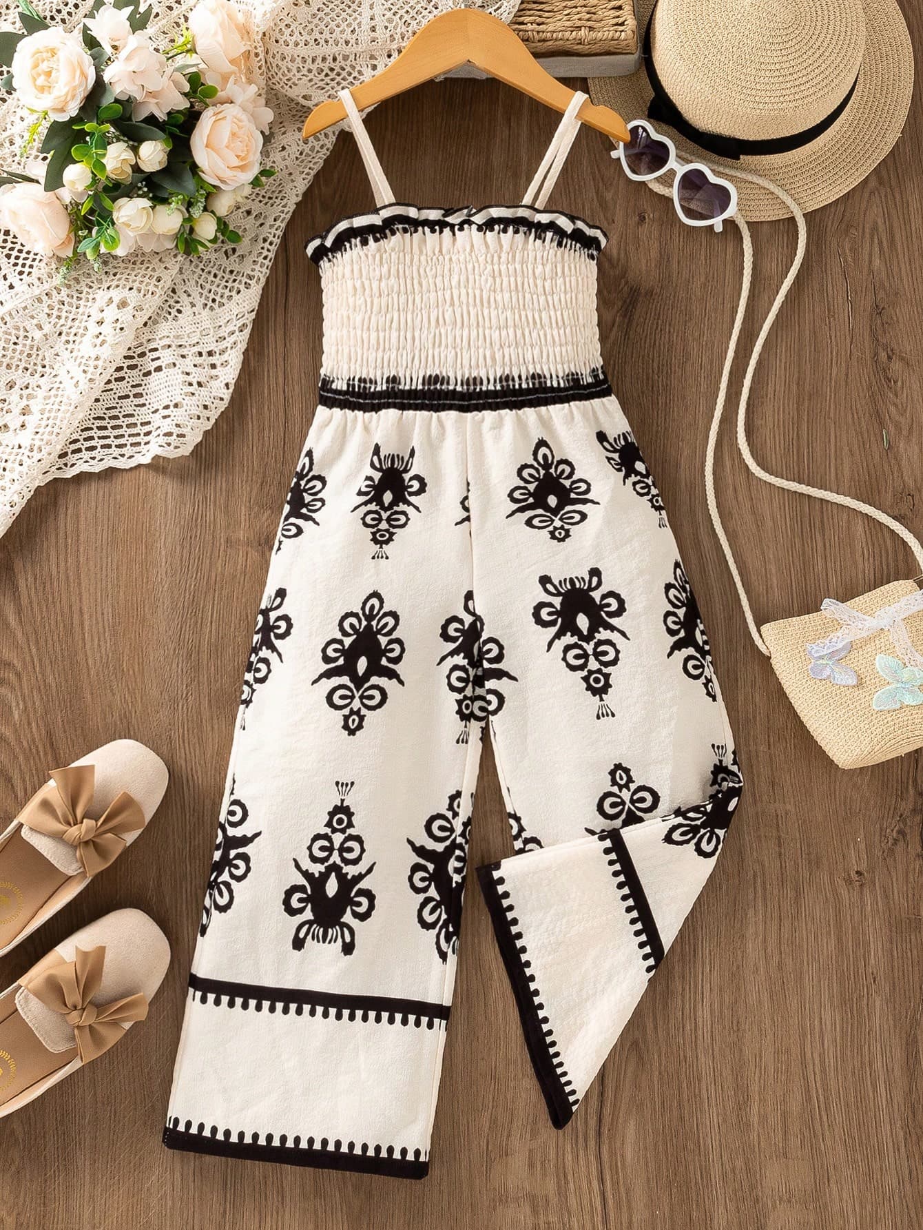 Young Girl Vintage Bohemian Holiday Jumpsuit,White Summer Beach Holiday Totem Ethic Printed,Comfortable Breathable Fabric Flattering Drapes For Party