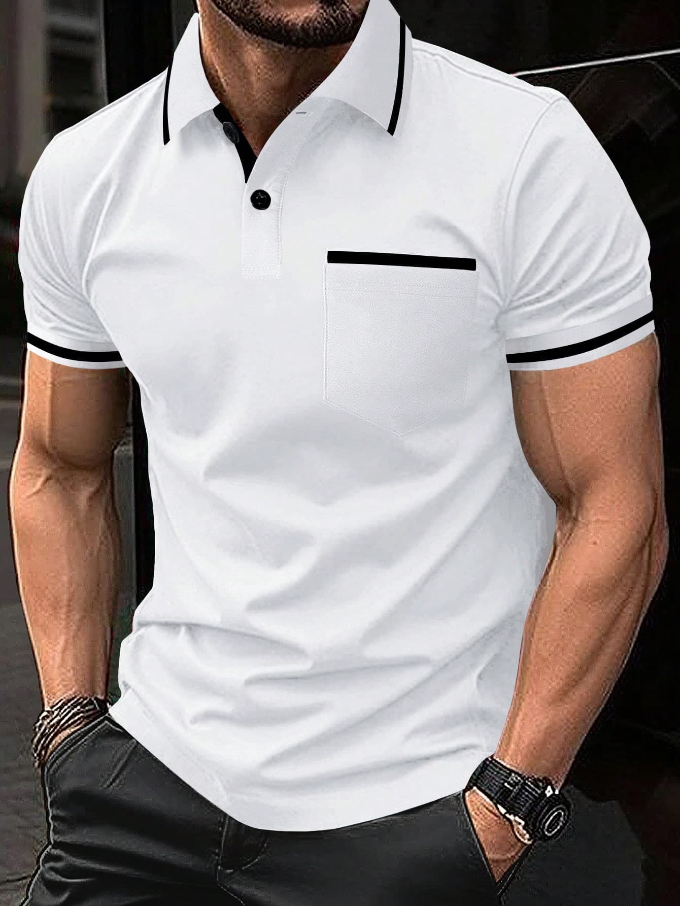 Calvornis Men's Color-Block Solid Simple Polo Formal Shirt For Daily Wear, Ceremony
