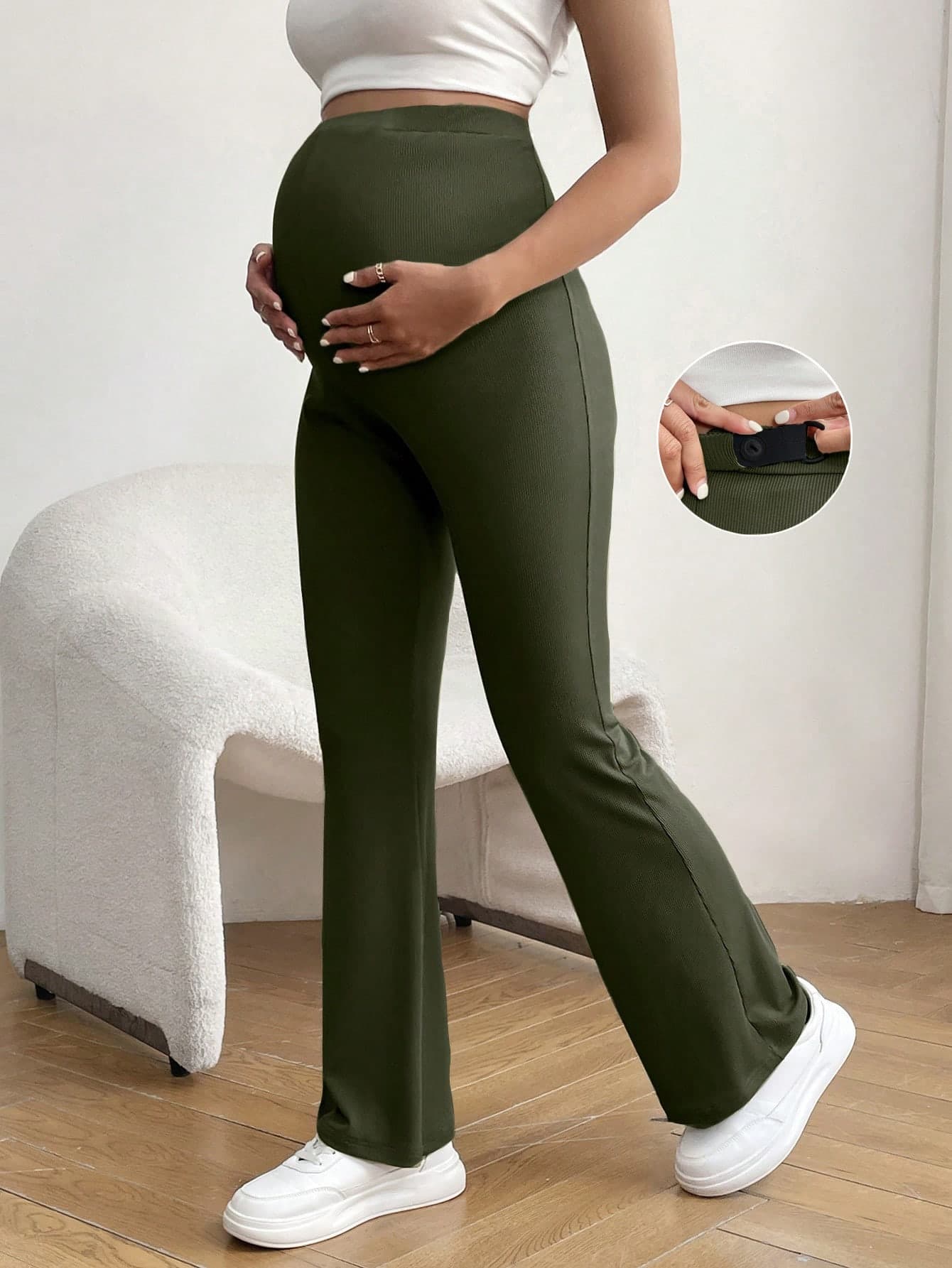 SHEIN Solid Color Ribbed Knit Maternity Flare Leg Pants