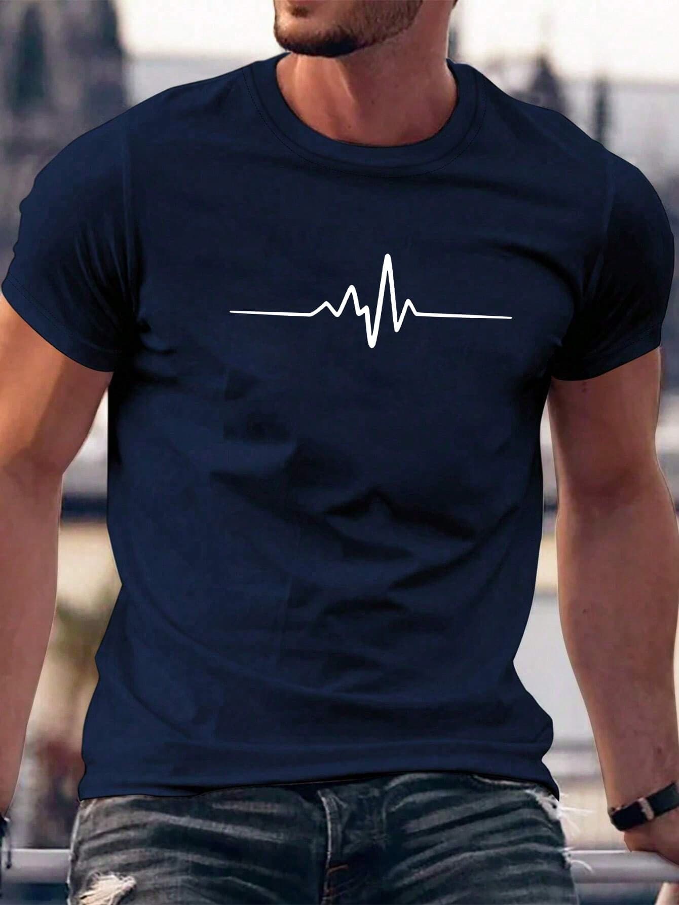 Men's Casual Short Sleeve Electrocardiogram Printed Round Neck T-Shirt, Summer