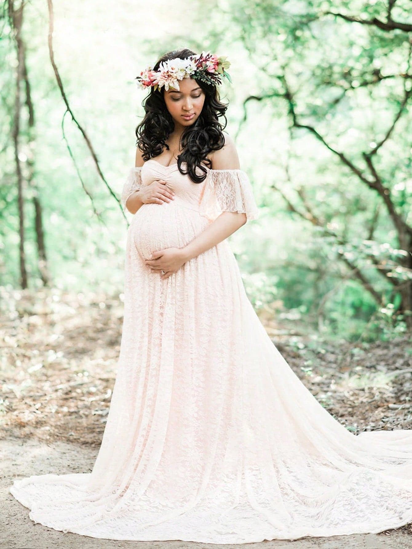 JustVH Maternity Elegant Lace Off Shoulder Lace Ruffle Wedding Dress Short Sleeves Mermaid Maxi Party Gown For Photo Shoot White
