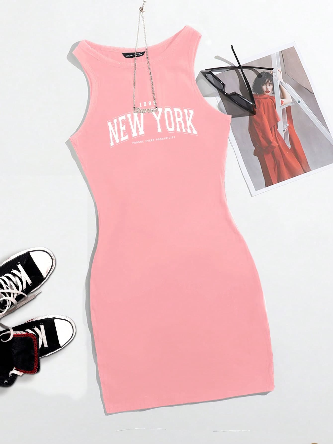 SHEIN EZwear Women's Casual Simple English Letter Pattern Round Neck Sleeveless Bodycon Mini Dress, Suitable For Summer,Pastel Dresses Women Chic