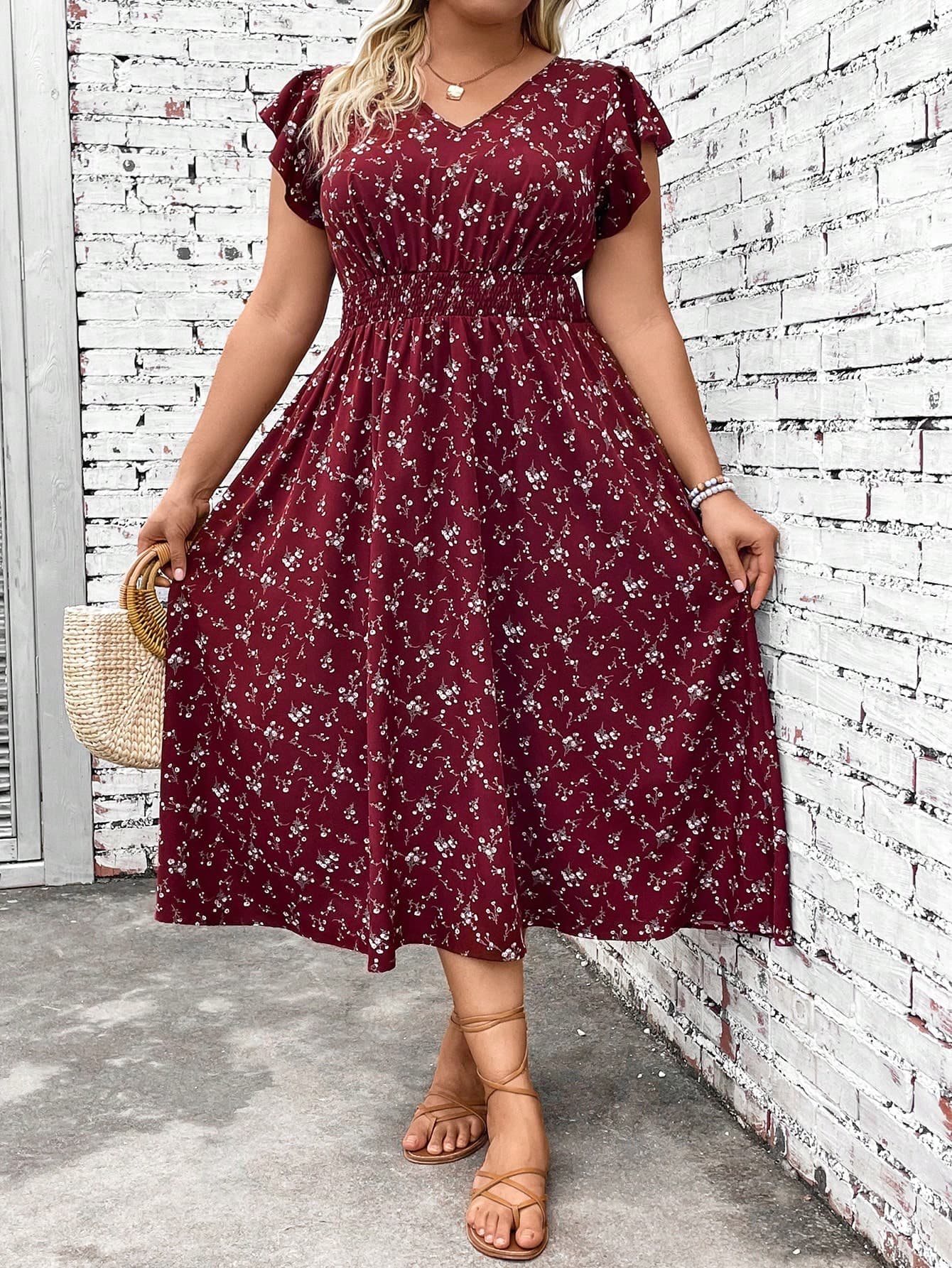 SHEIN LUNE CURVE Plus Size Shirred Ditsy Floral Ruffle Trim Waist Tie Vacation Dress For New Year Clothes Maxi Women Outfit