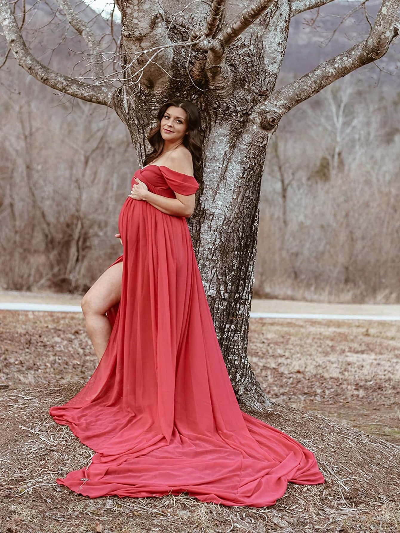 Maternity Chiffon V-Neck Front Slit Dress With Flowy Hemline For Photography Shoot, For Photoshoot Spring