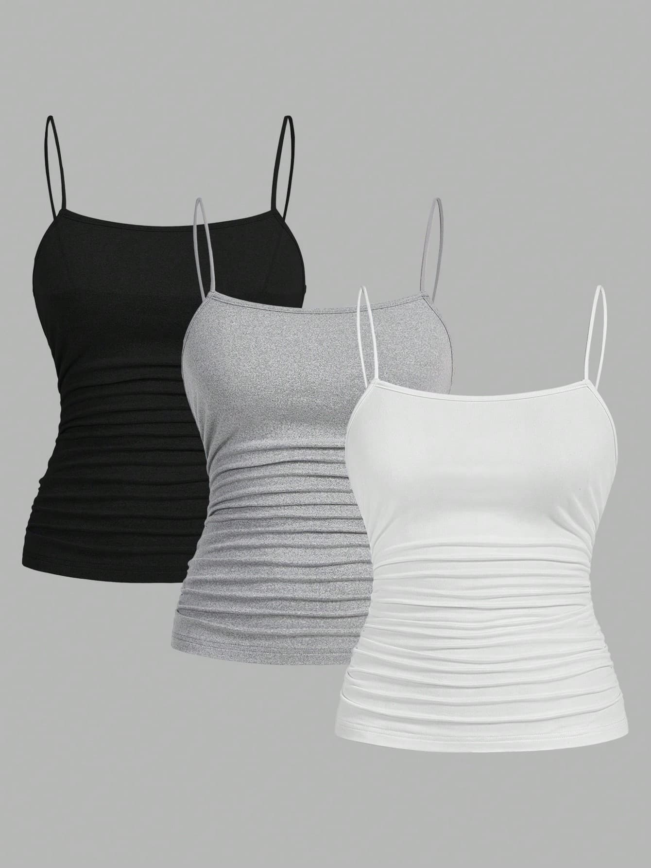 SHEIN Girlism 3pcs Teen Girl Black/White/Grey Basic Color Knitted Camisole Top With Ruched Waist, , Long Length, Multi-Pack Tops,Kids