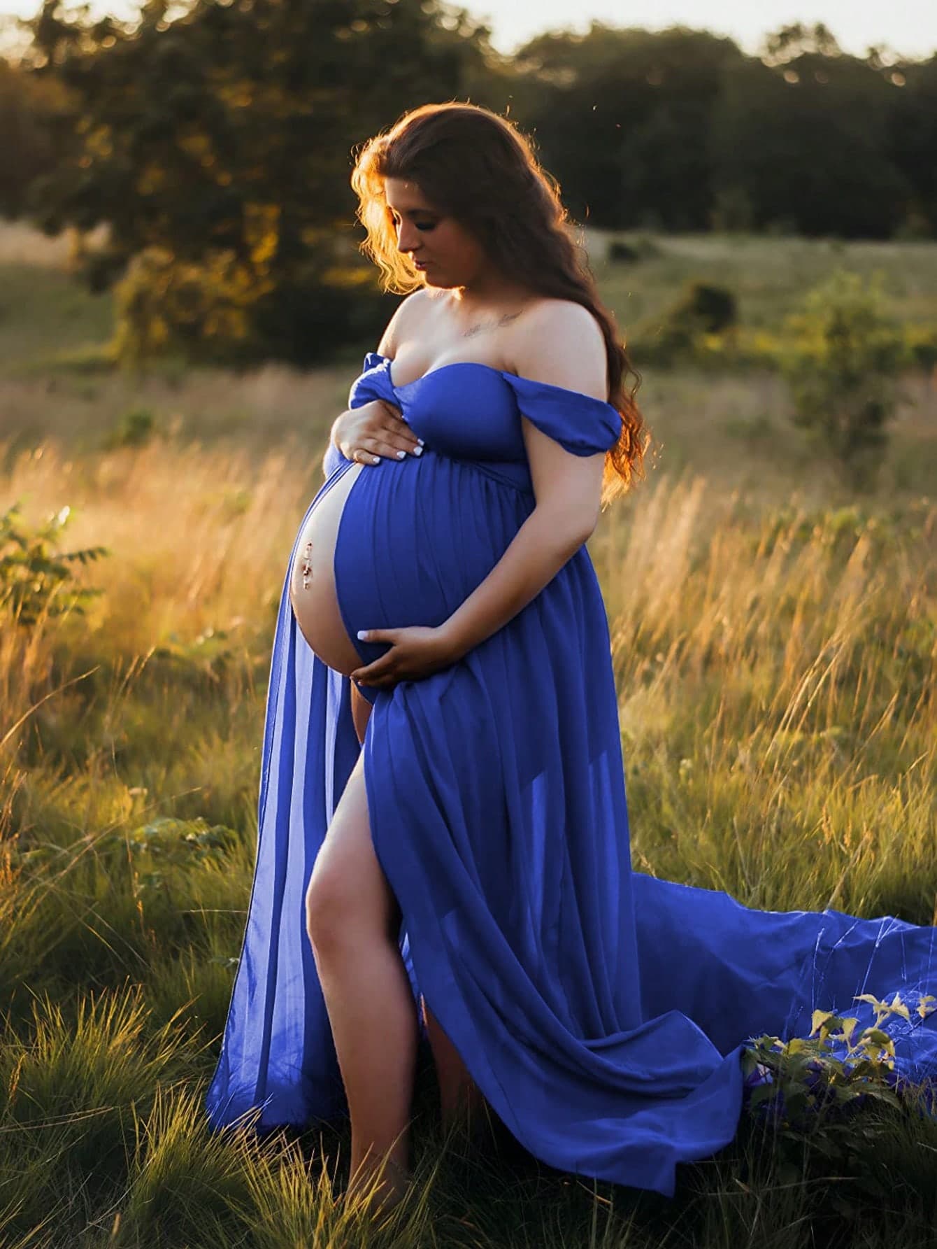 Maternity Chiffon V-Neck Front Split Dress, Perfect For Photography Session, For Photoshoot