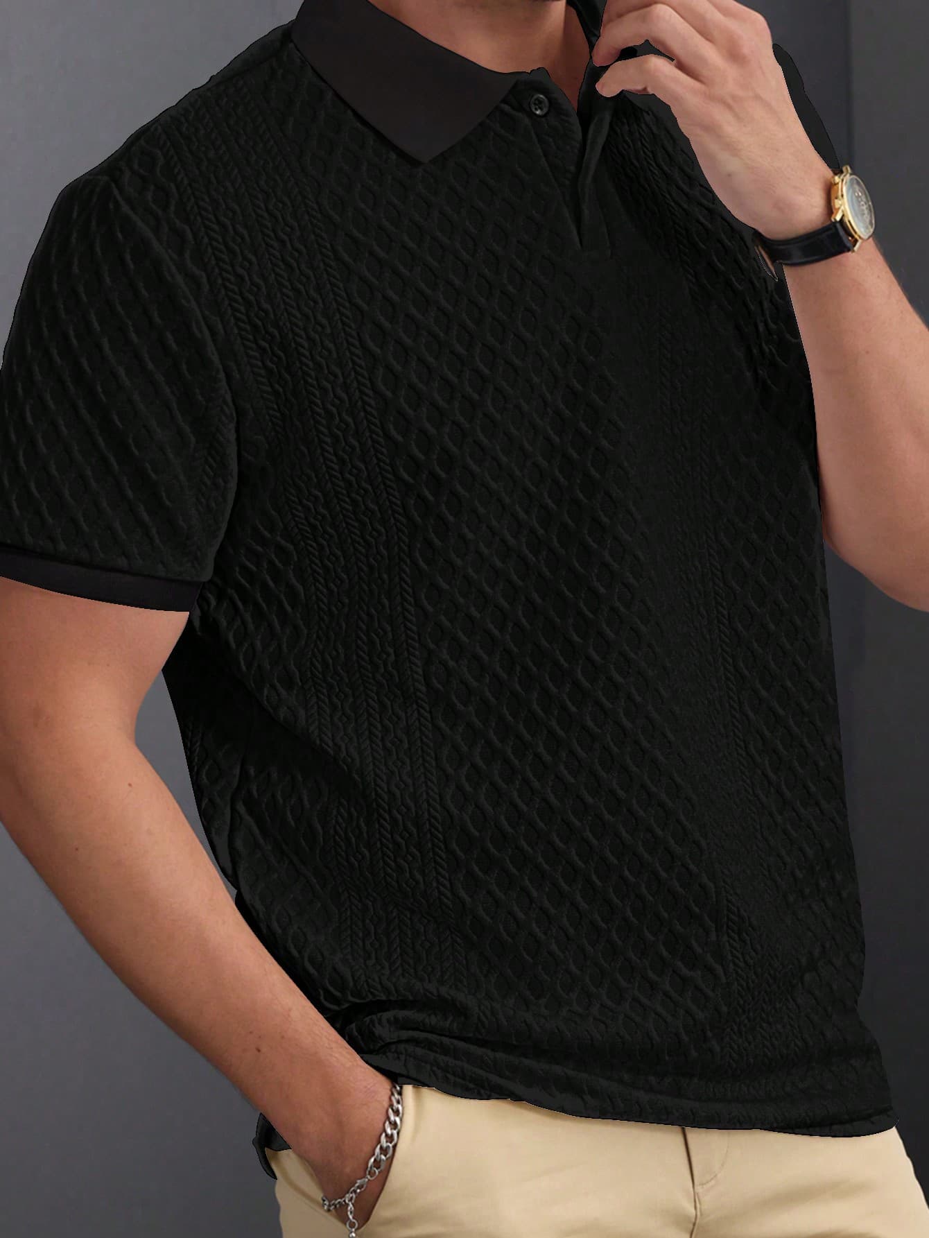 Manfinity Homme Men's Geometric Jacquard Knitted Polo Shirt,Black Summer Casual Business Work,Short-Sleeve Buttoned Premium Fashionable French Style Vacation Tops, Formal