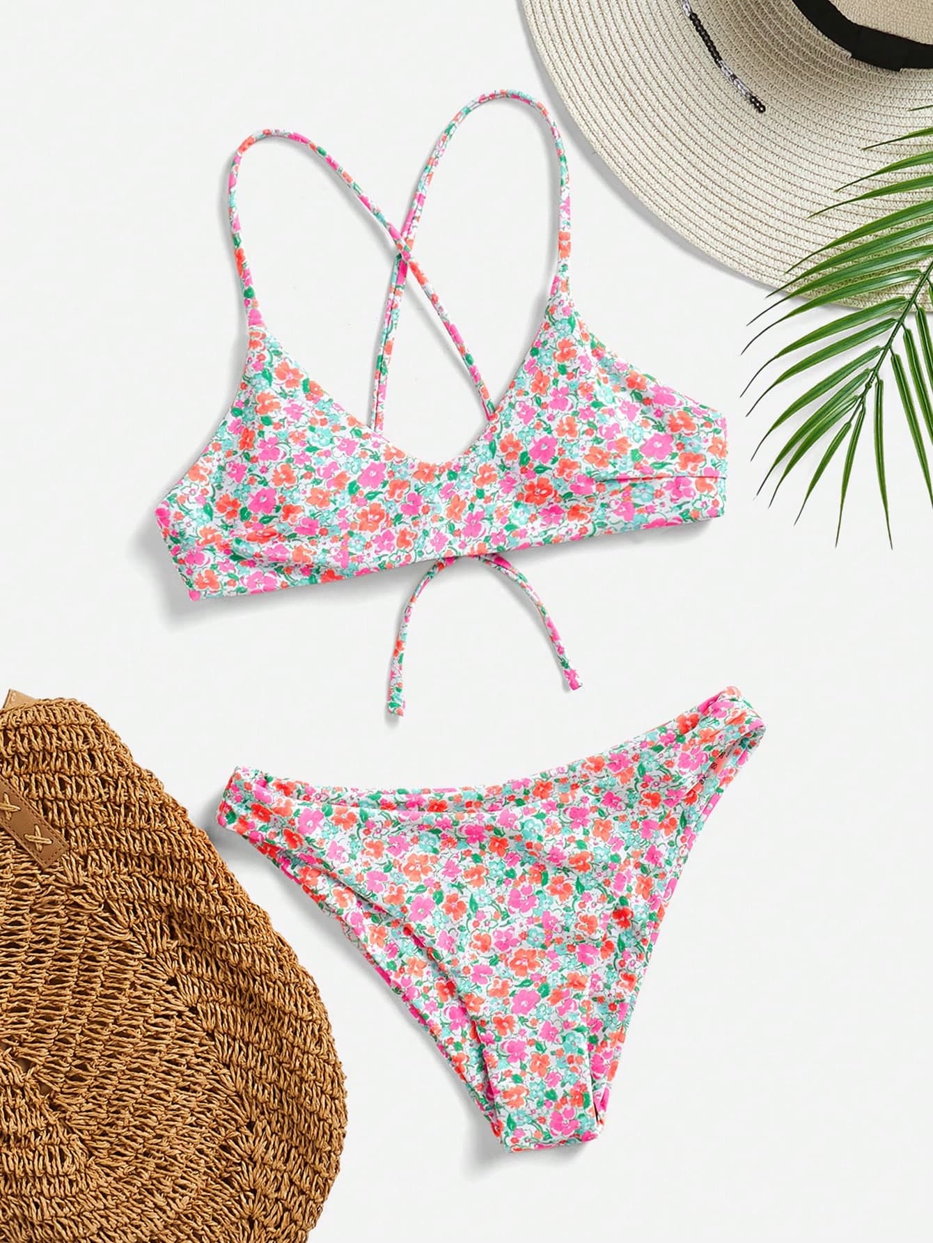 Swim Mod Women's Summer Beach Ditsy Floral Criss-Cross Backless Bikini Set, Wireless