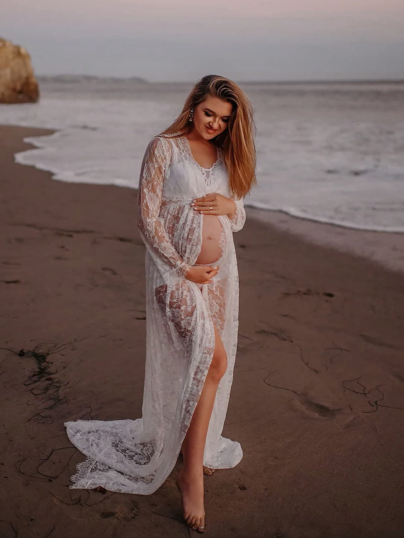 Maternity Lace Dress, Deep V-Neck, Front Slit, Sheer Design, Suitable For Photography And Shooting, Long Sleeve White Spring