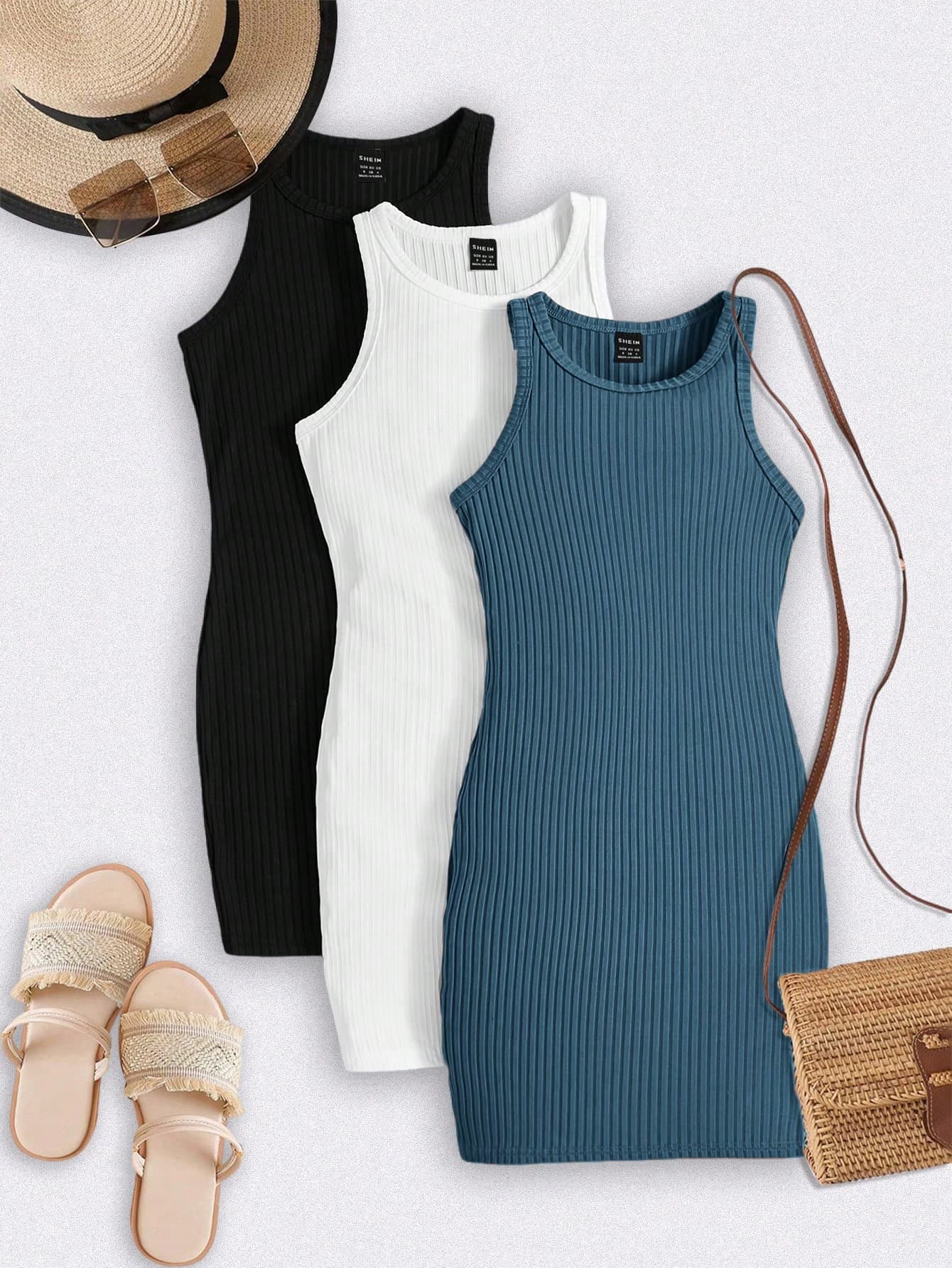 SHEIN LUNE Sport Game Day Tracksuit Women's 3pcs Athleisure Sports Tracksuit Set - Ribbed Crew Neck Sleeveless Fitted Dress & Contrast Trim
