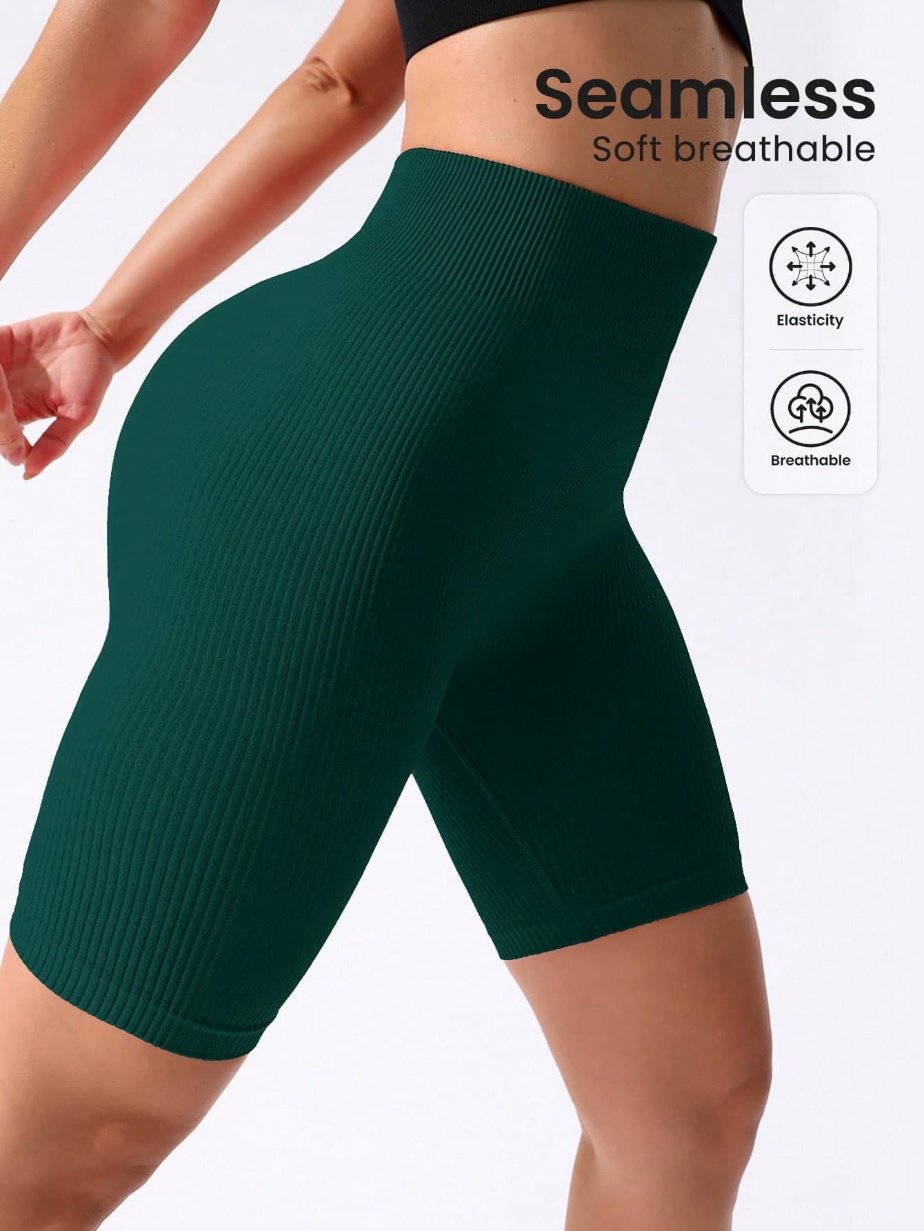 SHEIN Sports Solid Ribbed Knit Biker Shorts