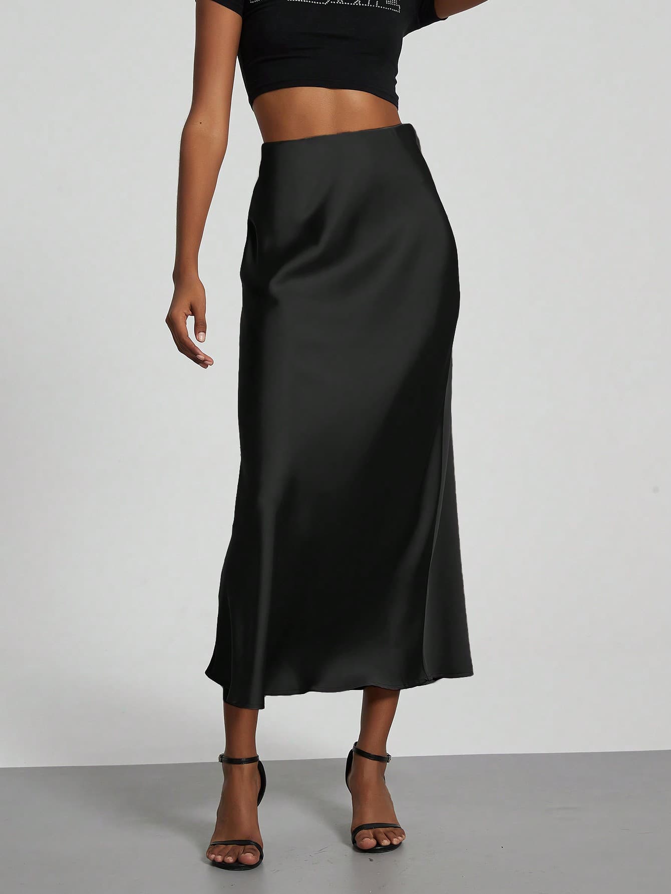 Se-Helo Fashion Women's Elastic Satin Feeling Satin Maxi Skirt - Black Casual Spring