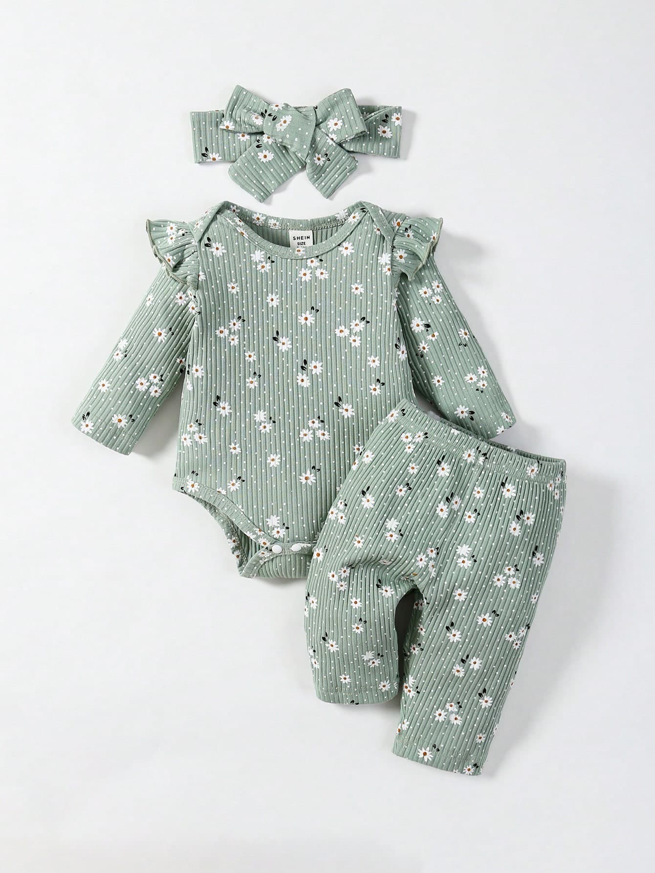 SHEIN Baby Girls' Flower Printed Round Neck Long Sleeve Bodysuit And Pants Casual Outfit
