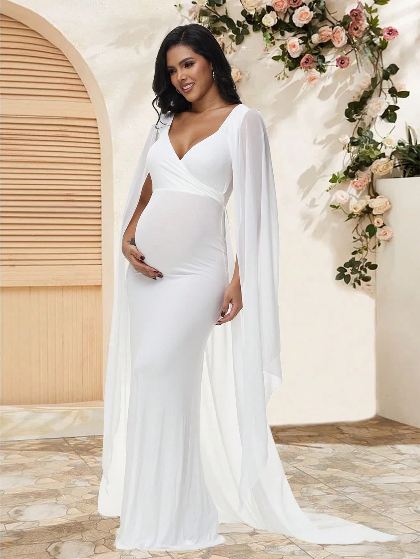 Maternity Chiffon Flowy Sleeve Dress With Trailing Hem, Suitable For Baby Shower And Maternity Photoshoot Spring White