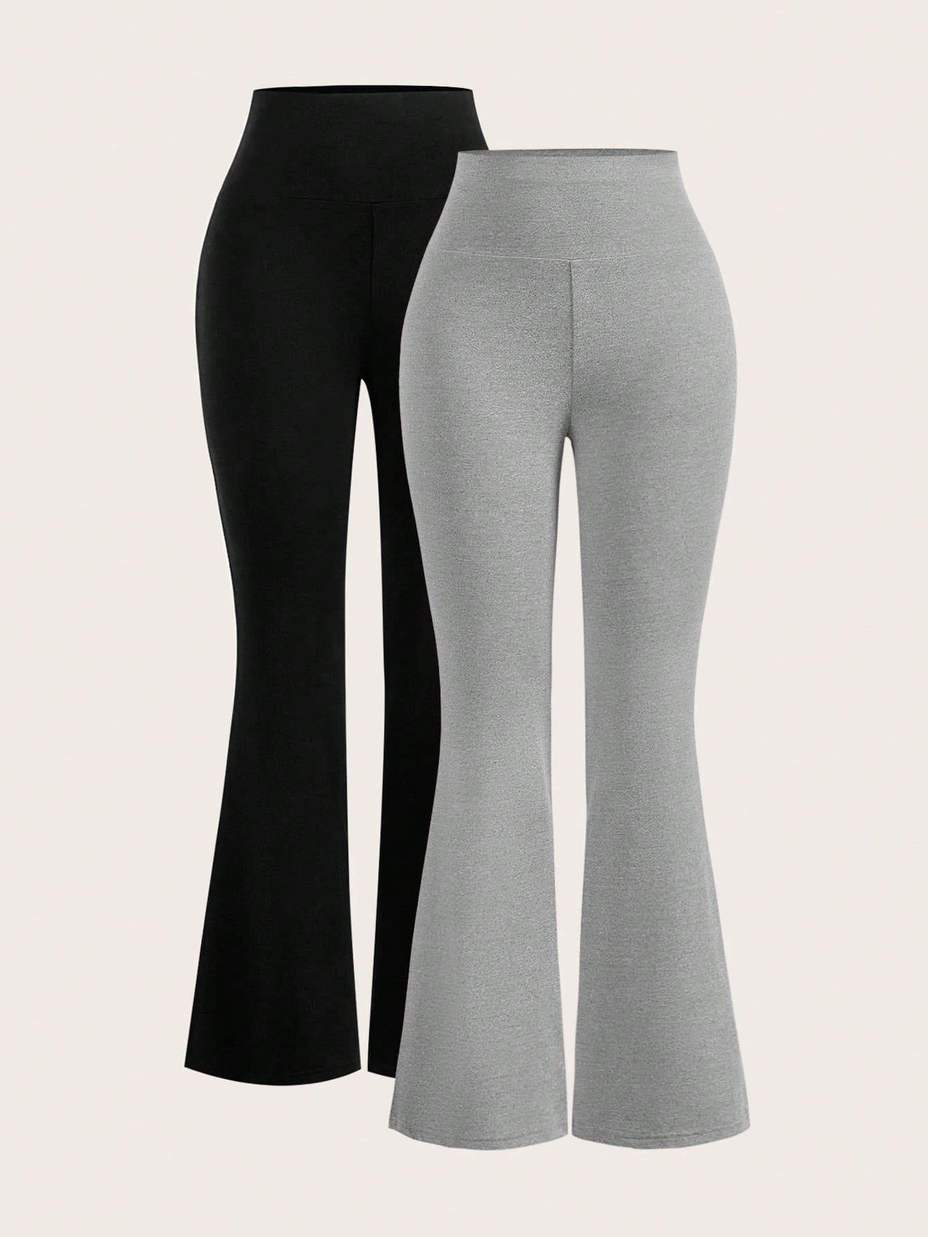 SHEIN Girlism Teen Girl Casual High Waist Knitted Elastic Black & Grey Flare Pants 2pcs/Set