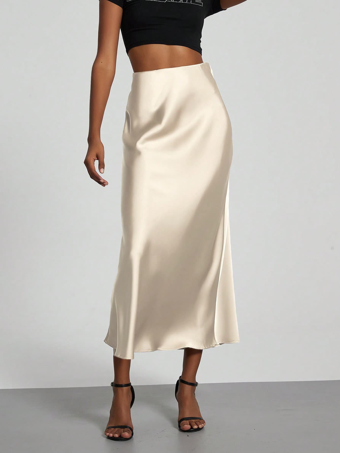 Se-Helo Fashion Women's Elastic Satin Finish Maxi Skirt - Beige Casual Spring