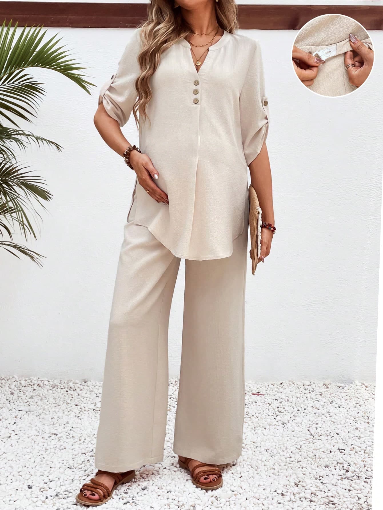 SHEIN Maternity Daily Casual Loose V-Neck Shirt And Pants Set With Rolled Cuff