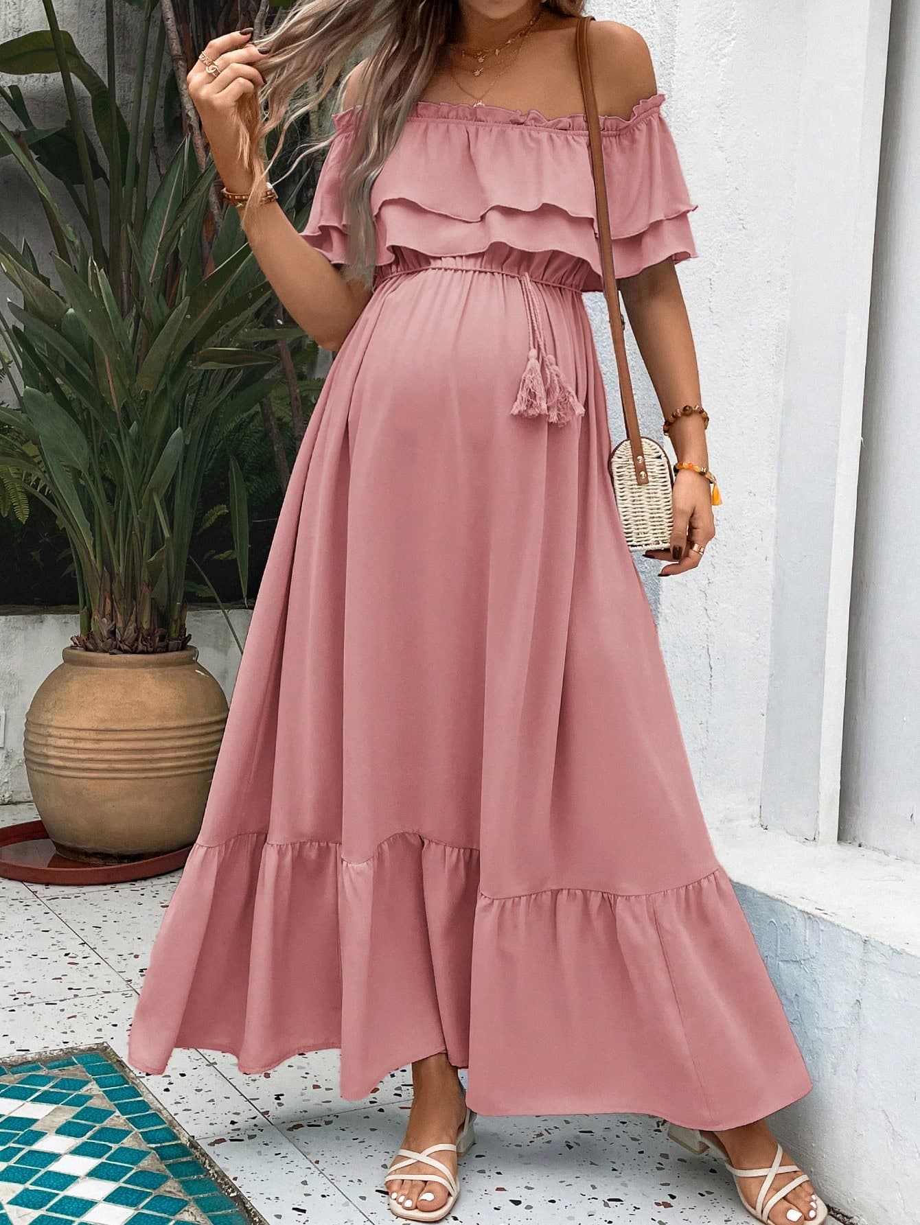SHEIN Solid Color Ruffle Maternity Ruffled Holiday Dress